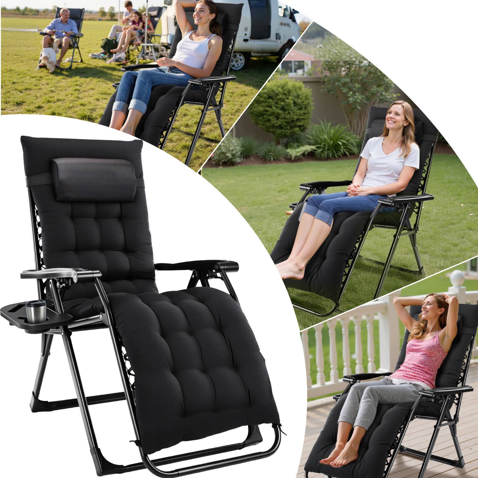 Back. Anysun - Zero Gravity Reclining Chair - Camping Lounge with Cup Holder Trays & Removable Cushion for Indoor/Patio Use - Black.