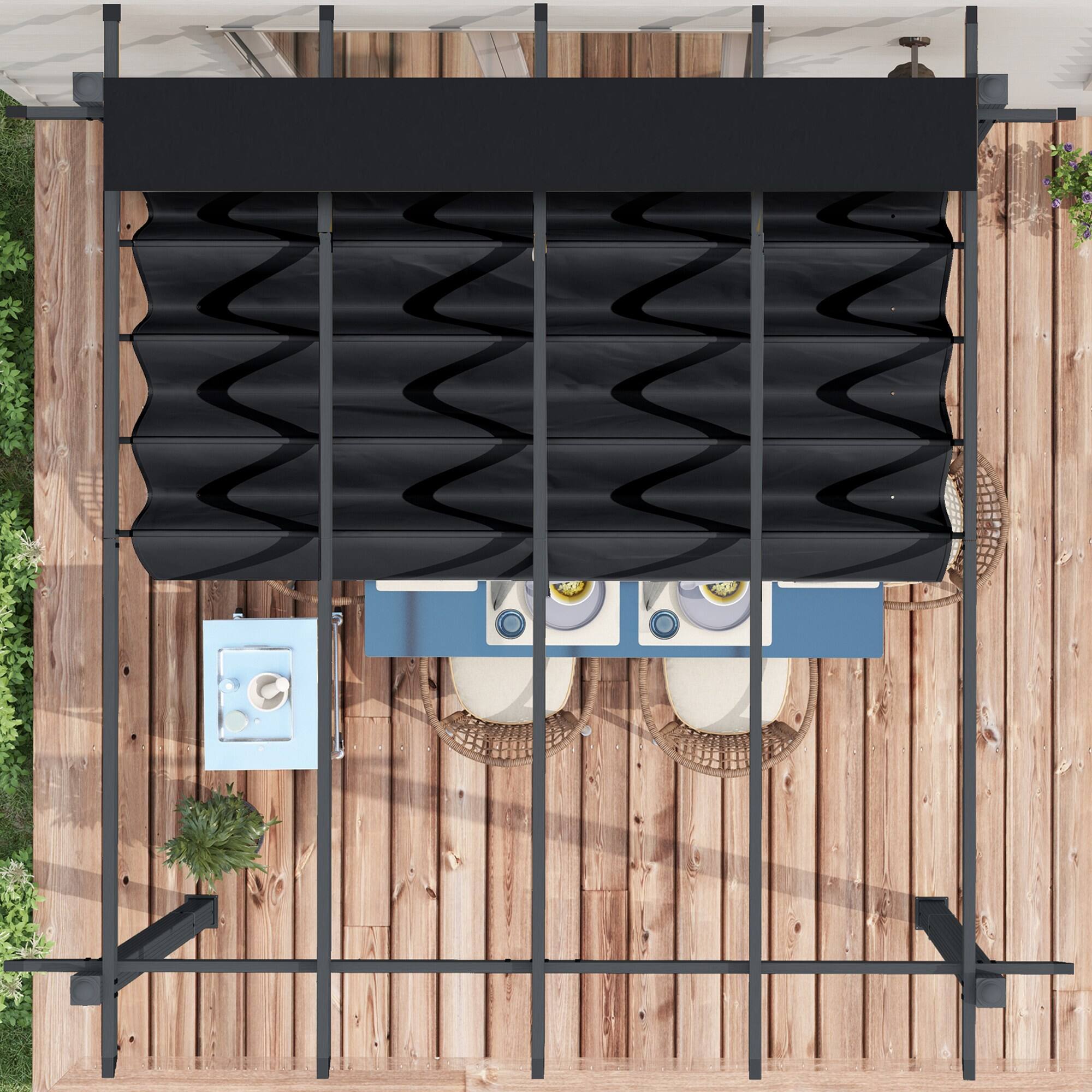Alt View 5. Outsunny - 10' x 13' Retractable Pergola Canopy, Wood Grain Aluminum Pergola, Outdoor Sun Shade Shelter for Grill - Gray.