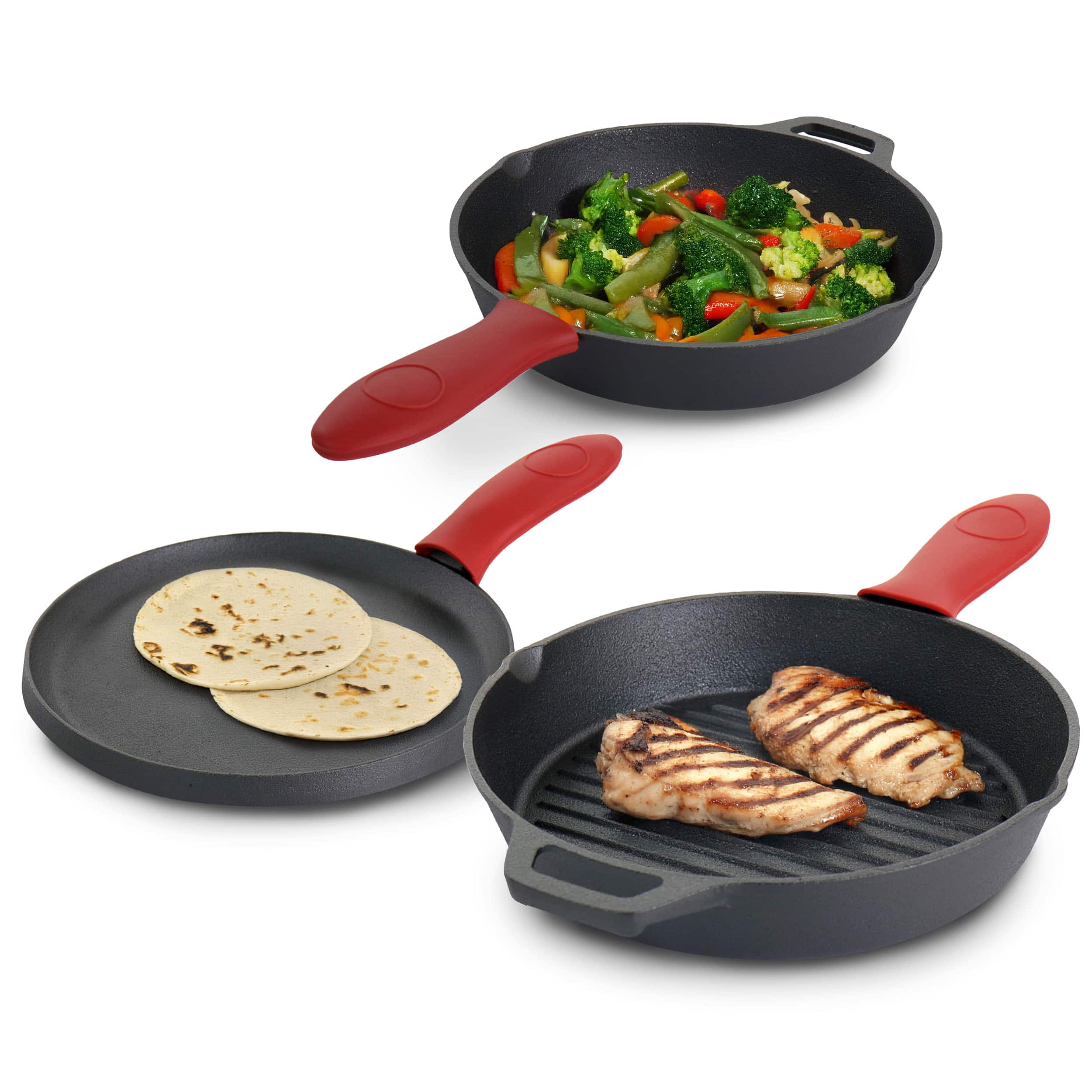 Mega Chef - MegaChef Pre-Seasoned Cast Iron 6 Piece Set with Red Silicone Holders - Black and Red