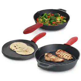 Mega Chef - MegaChef Pre-Seasoned Cast Iron 6 Piece Set with Red Silicone Holders - Black and Red