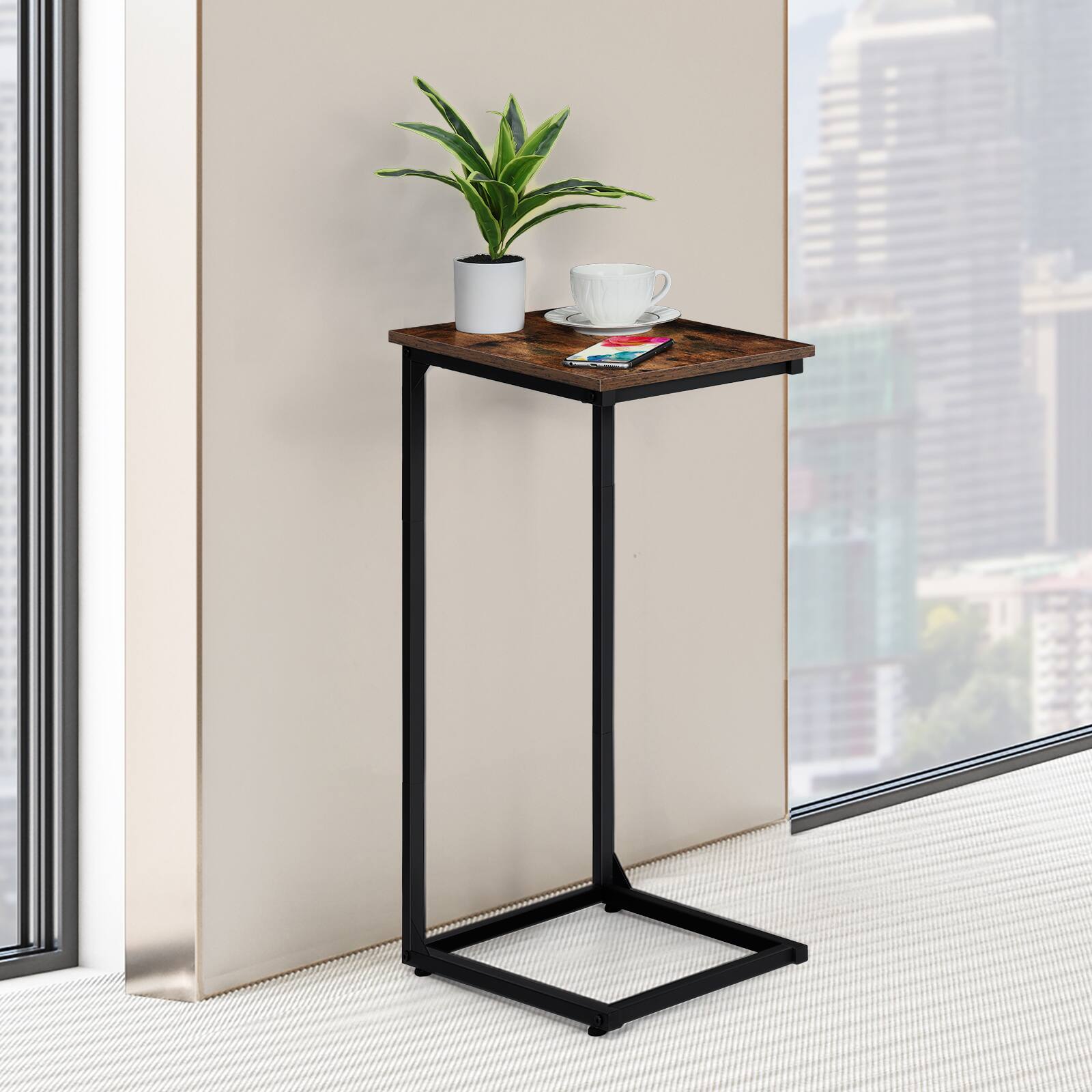 Alt View 2. Oumilen - Set of 2 Tall C-Shaped Side Tables, Rustic Brown Sofa End Tables with Water-Resistant Top and Adjustable Feet - Brown.