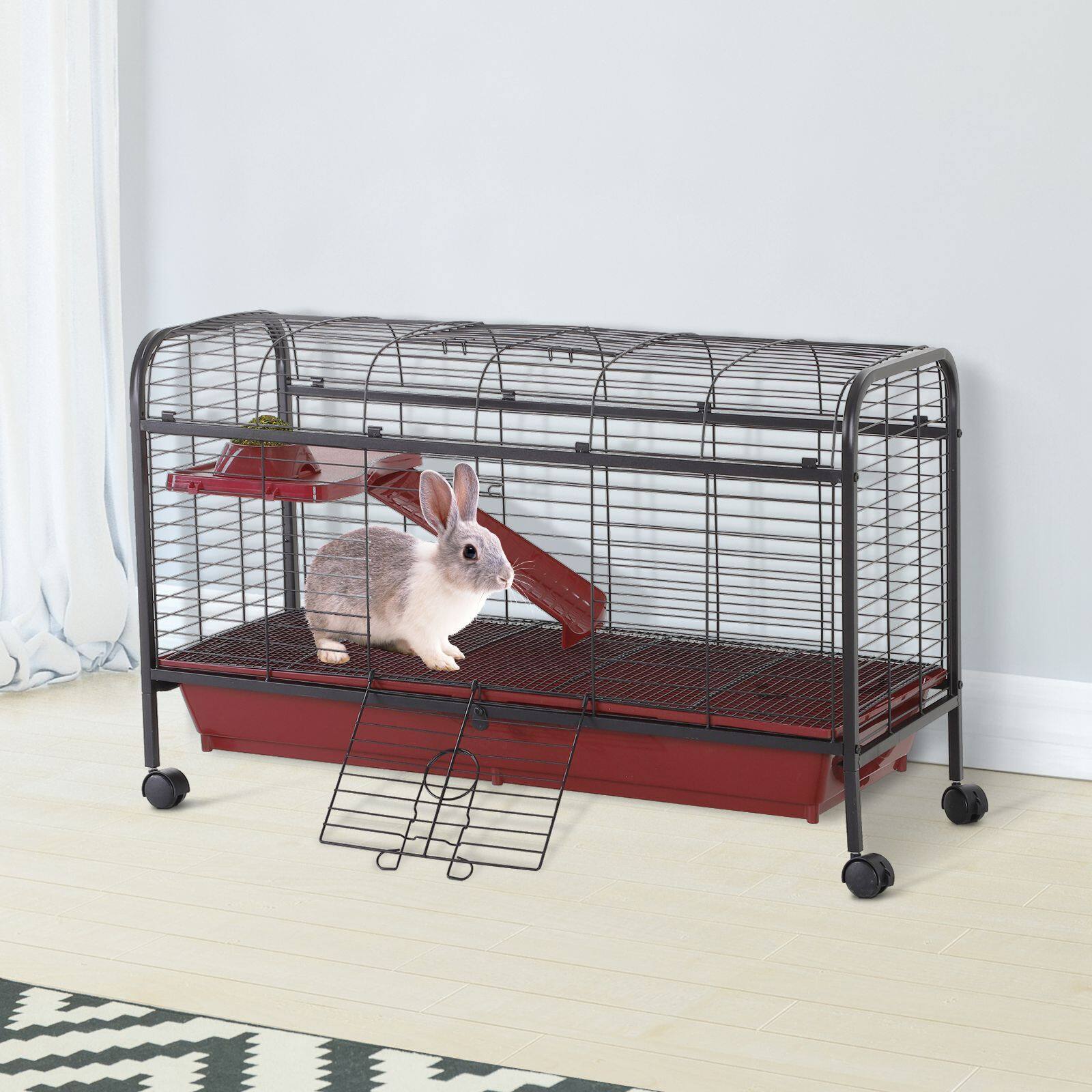 Angle. Pawhut - Small Animal Cage, Pet Play House for Rabbit Hutch Ferret with Feeder, Rolling Wheels.