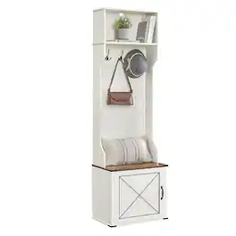 Songmics Home - Hall Tree with Bench and Shoe Storage, Coat Rack with Shoe Bench, Entryway Furniture, 3 Tri-Hooks, Door with Handle - Rustic White and Honey Brown