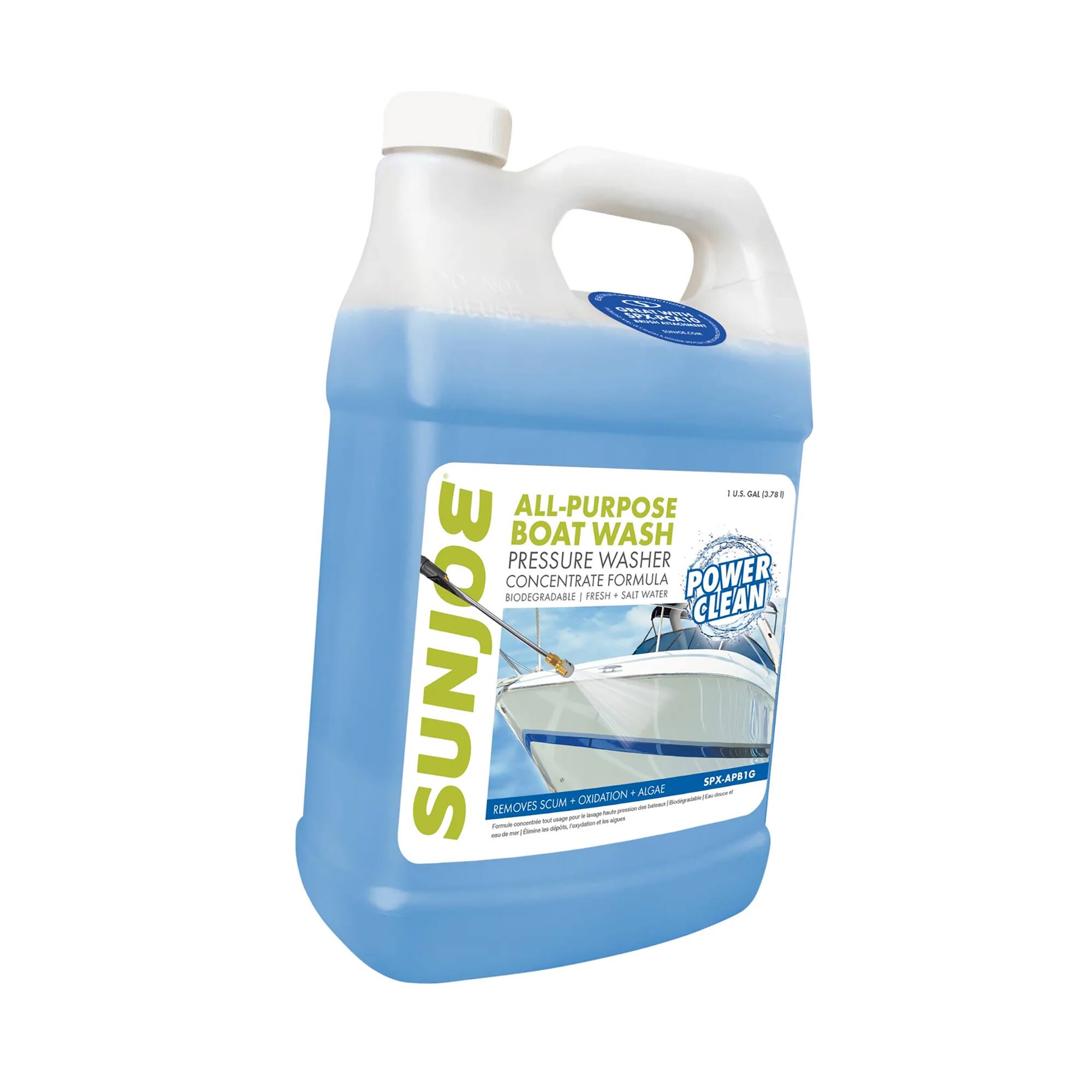 Sure, here is the corrected and grouped text:

---

**SUNJOE**

**ALL-PURPOSE BOAT WASH**

**PRESSURE WASHER CONCENTRATE FORMULA**

**BIODEGRADABLE | FRESH FORMULA | SALT WATER**

**POWER CLEAN**

**REMOVES:**

- SCUM
- OXIDATION
- ALGAE

**SPX-APB1C**

**1 U.S. GAL (3.78L)**

---

**REUSE - SES C - 1 and 3 CuPH**

---

**BIO-CUM + OXIDATION + ALGAE**

---

**Removes scum, oxidation, and algae from boat surfaces.**

**For use with Sun Joe pressure washers.**

---

**SPX-APB1C**