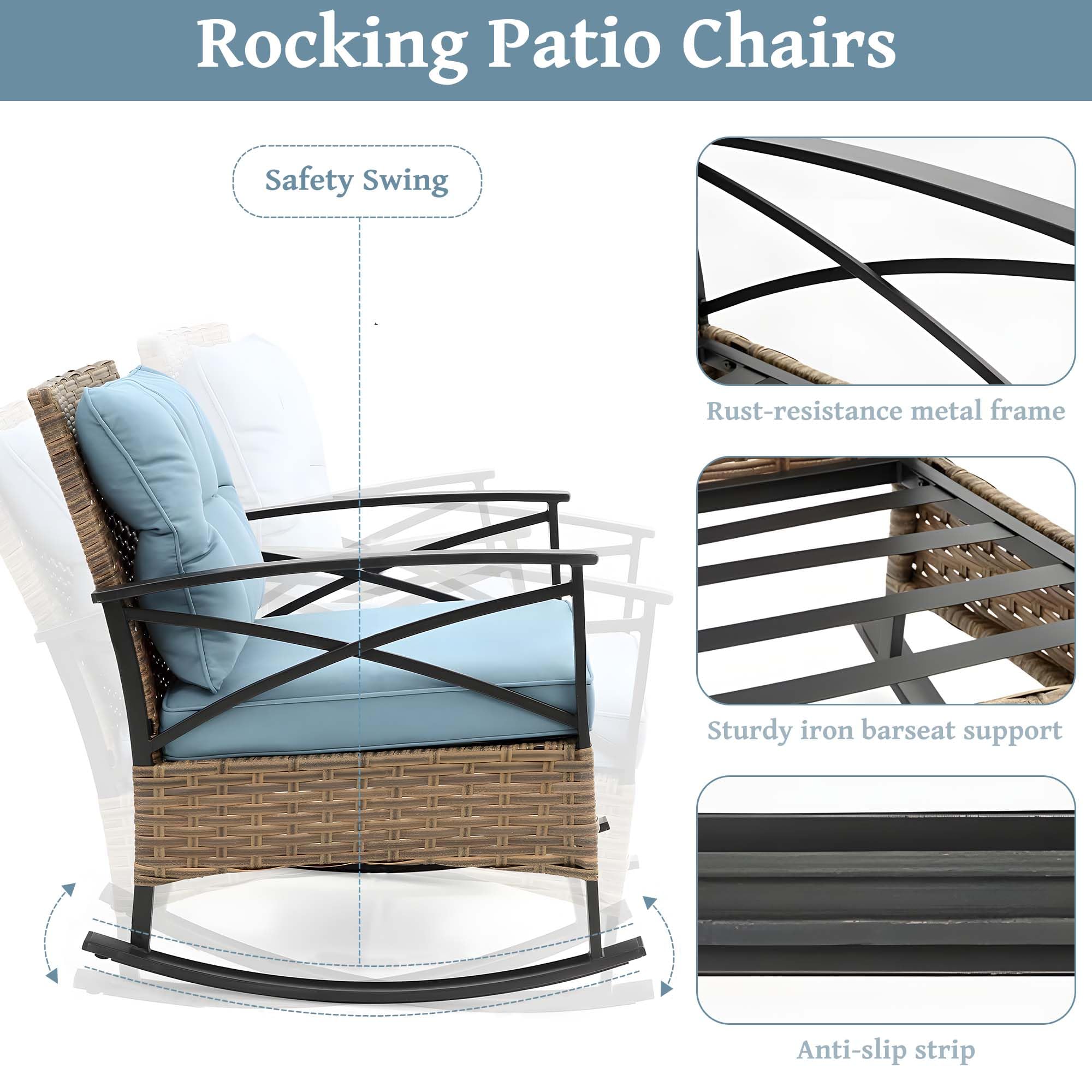 Rocking Patio Chairs

- Safety Swing
- Rust-resistance metal frame
- Sturdy iron barseat support
- Anti-slip strip
