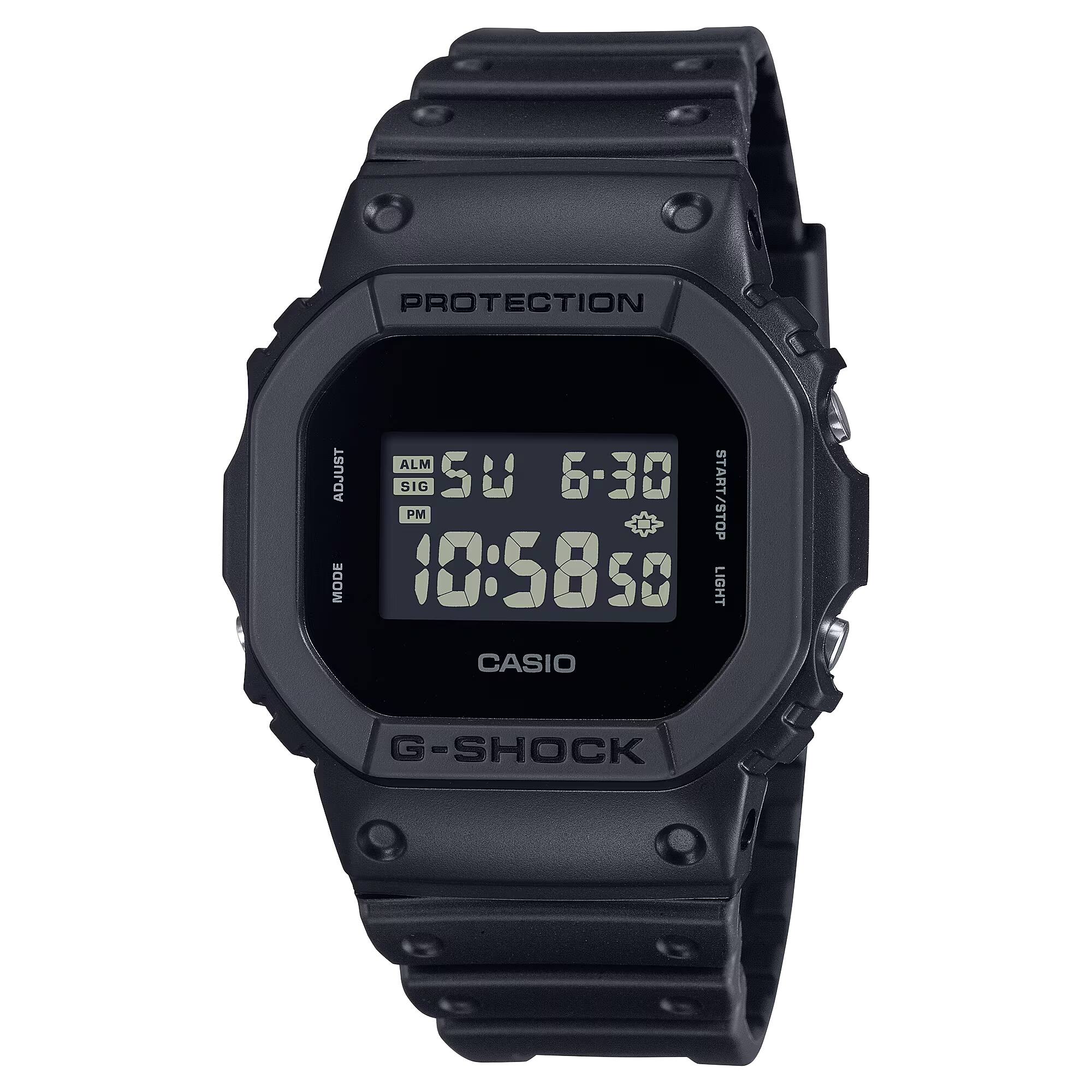PROTECTION  
ALM ADJUST SIG SU 6-30 START/STOP PM MODE 10:5850 LIGHT CASIO  
G-SHOCK