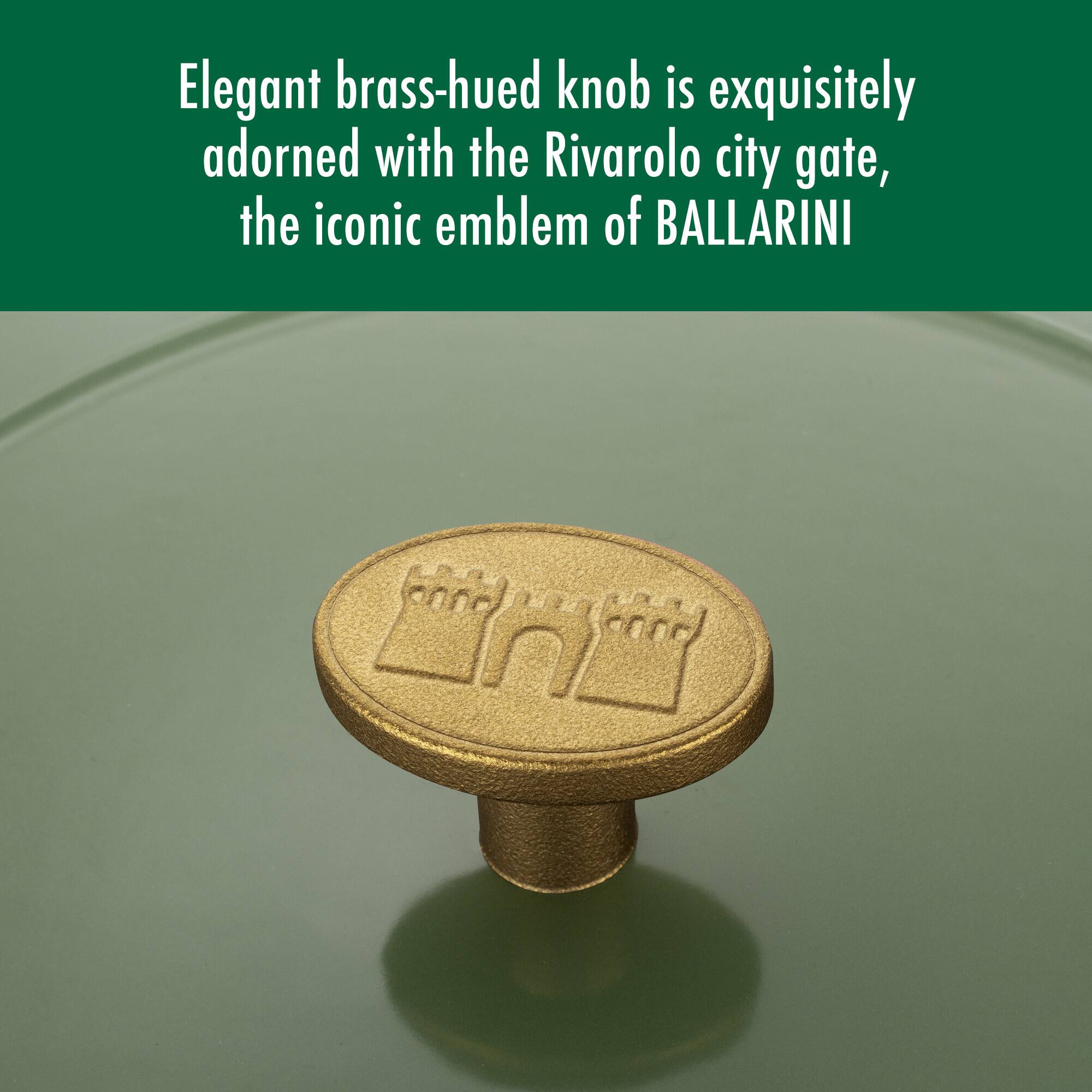 Elegant brass-hued knob is exquisitely adorned with the Rivarolo city gate, the iconic emblem of BALLARINI