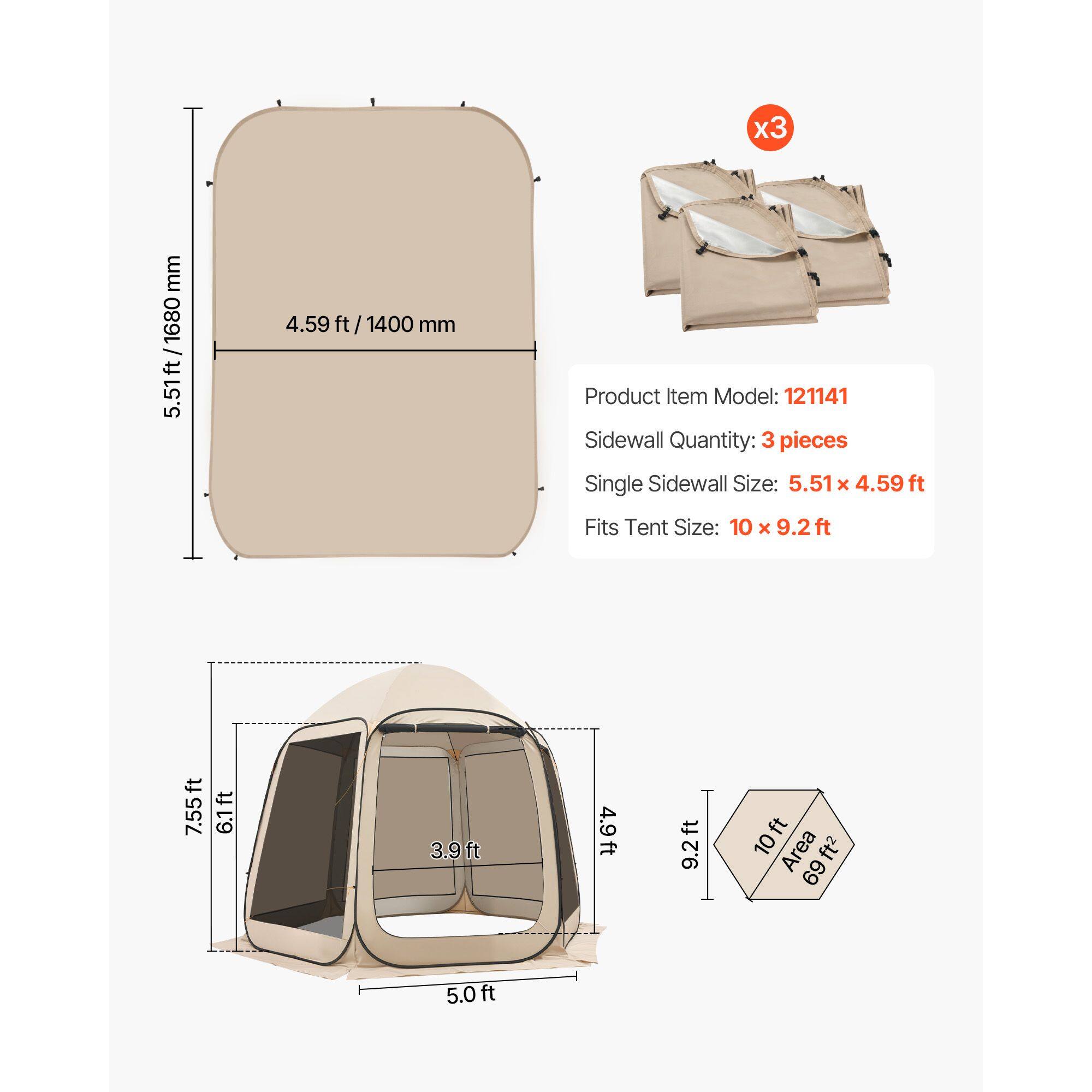 x3 mm 1680 / ft 5.51 4.59 ft / 1400 mm  
Product Item Model: 121141  
Sidewall Quantity: 3 pieces  
Single Sidewall Size: 5.51 x 4.59 ft  
Fits Tent Size: 10 x 9.2 ft  
7.55ft 6.1ft 3.9ft 4.9ft 9.2ft 10ft  
Area ft2 69ft2 69 5.0ft