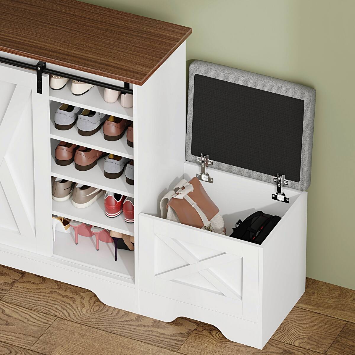 Alt View 5. HTUTWOO - Large Capacity Entryway Shoe Rack - Cabinet with Fold-Down Organizer & Built-in Storage Bench for Hallway,Small Spaces - White.