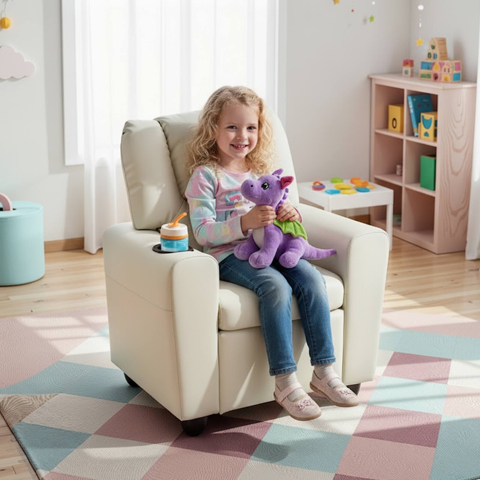 Alt View 3. Costway - Costway Kids Recliner Chair with Cup Holder & Side Pocket Adjustable Backrest Footrest - Beige.