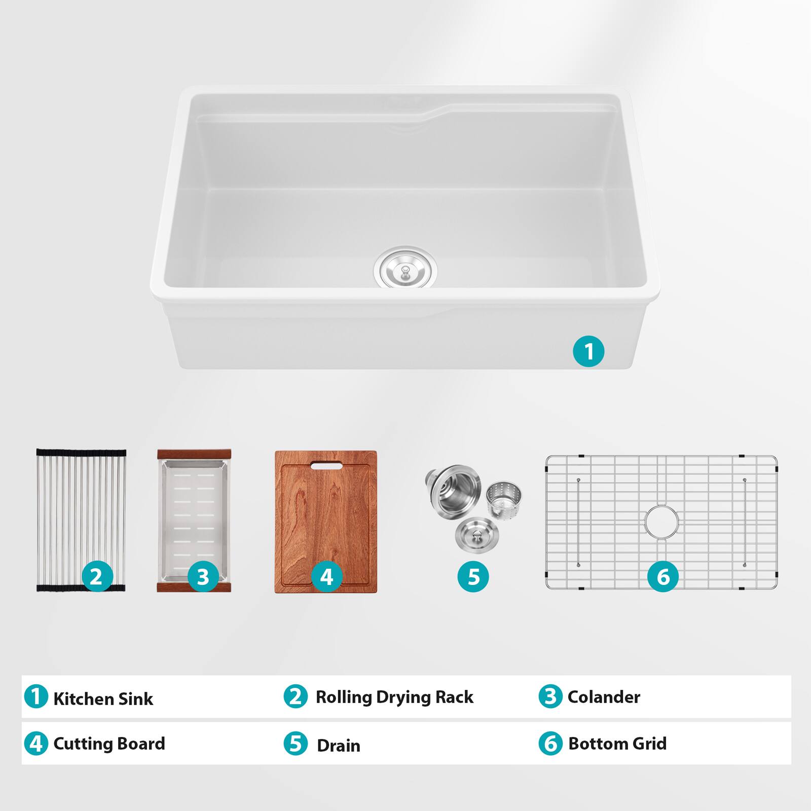 1. Kitchen Sink  
2. Rolling Drying Rack  
3. Colander  
4. Cutting Board  
5. Drain  
6. Bottom Grid