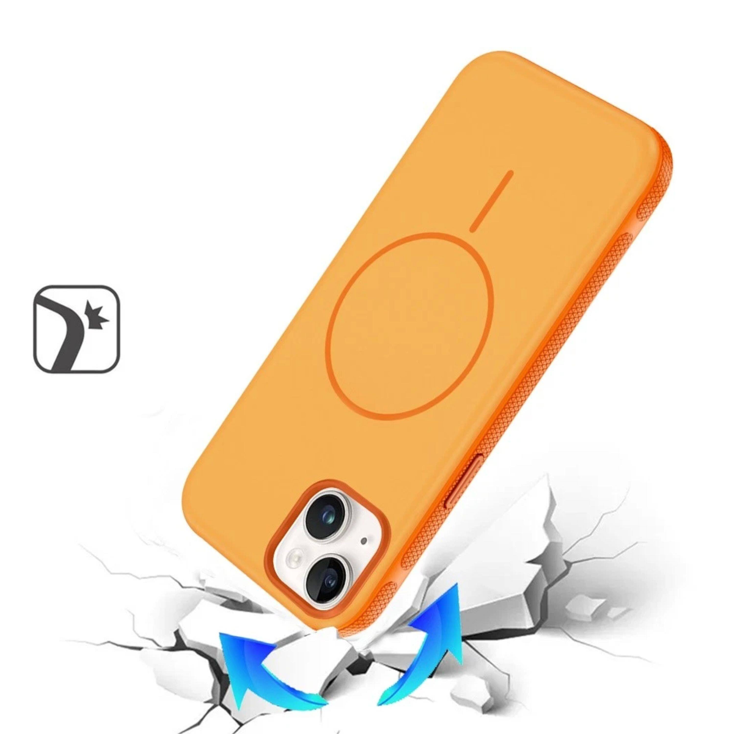 Left. Kitcheniva - Rugged Side Grip Magnetic Circle Phone Case With 2 Pcs Tempered Glass For iPhone 15 Plus - Cosmic Orange.