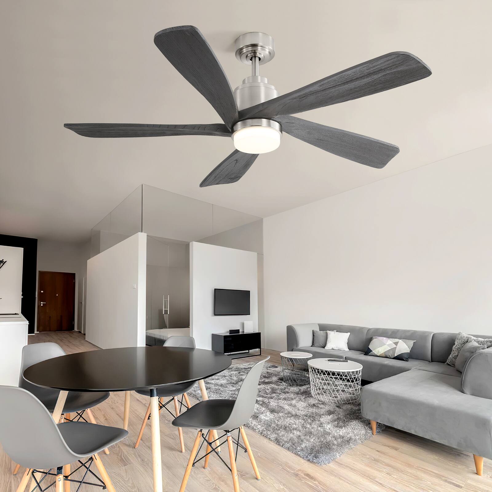 Back. Sofucor - 52'' Modern Ceiling Fans with Lights APP/Remote Control High CFM Reversible DC Quiet Ceiling Fan for Bedroom Farmhouse - Silver Grey Wood.
