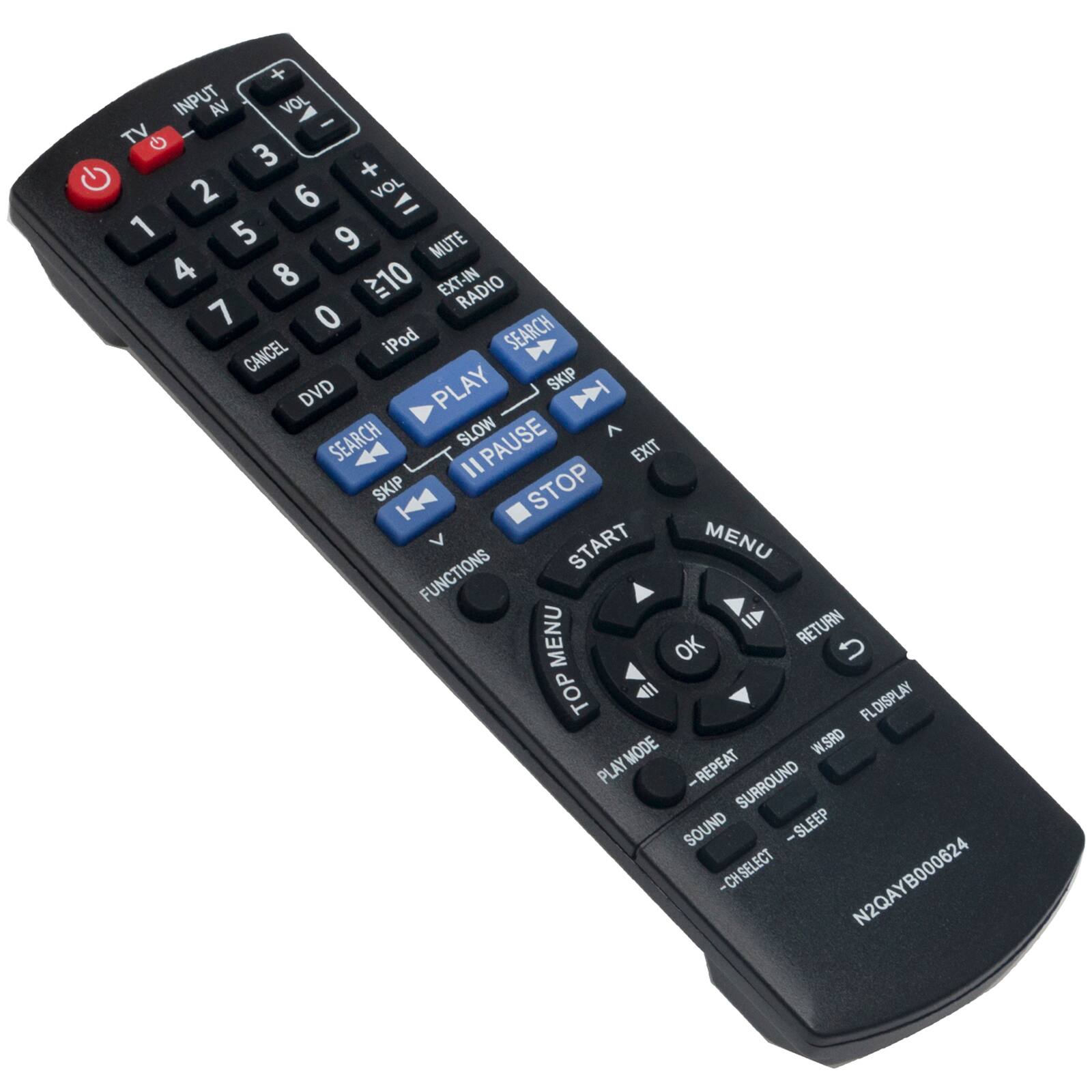 + INPUT AV VOL - TV 3 + 2 6 VOL = 1 5 9 MUTE 4 8 10 EXT-IN RADIO 7 0 iPod SEARCH CANCEL DVD PLAY SKIP N SLOW A SEARCH PAUSE EXIT II SKIP K STOP START MENU FUNCTIONS II RETURN MENU OK U TOP 41 FLDISPLAY MODE W.SRD PLAY -REPEAT SURROUND SOUND -SLEEP -CH SELECT N2QAYB000624