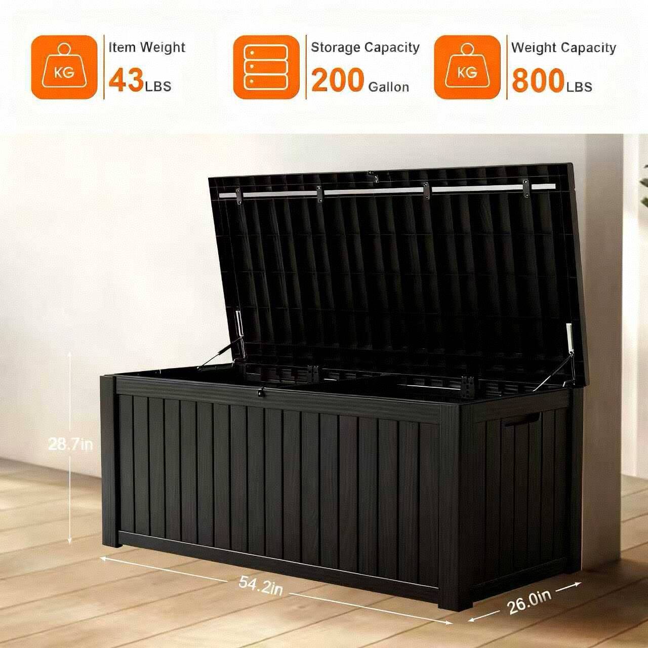 - Item Weight: 43 LBS
- Storage Capacity: 200 Gallon
- Weight Capacity: 800 LBS
- Dimensions: 28.7in x 54.2in x 26.0in