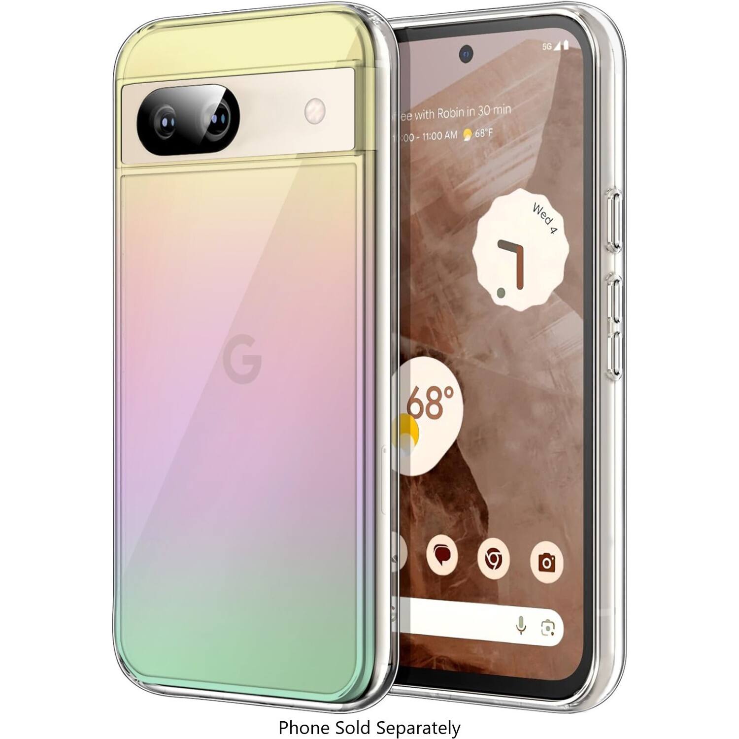 The image shows a phone with a purple and green back, and a clock on the screen. The clock displays the time as 11:00 AM, and the temperature is 68 degrees Fahrenheit. The phone is advertised as being 5G capable, and it is available for purchase separately.