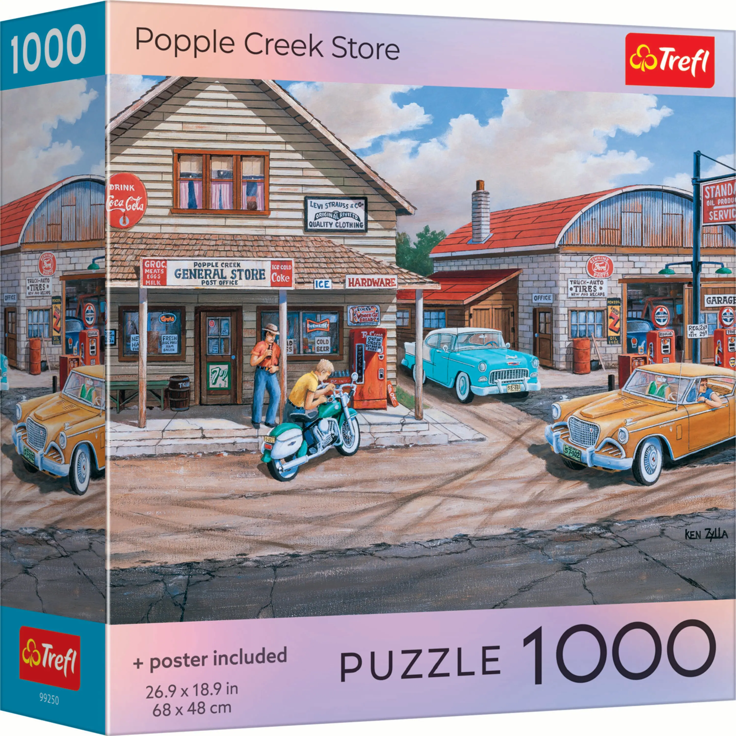 1000 Popple Creek Store

Trefl

DRINK Fica Cola

LEVI STRAUSS & CO 100 QUALITY CLOTHING

STAND PRODUCT OIL SERVIC

TRUCK-AUTO "TIRES" OFKE

GROC POPPLE CREEK COLD MEATS [] GENERAL STORE Coke MILK. POST OFFICE FRESH JACON 5

ICE HARDWARE JUCKY Value COLD ECCR

OFFICE

BEAGREE  TRUCK-AUTO TIRES - shy NO 

GARAGE R$5.24 251

THE

any

57-002

KEN ZALLA

Trefl 99250

+ poster 18.9 included in PUZZLE 1000 26.9 X 68 X 48 cm