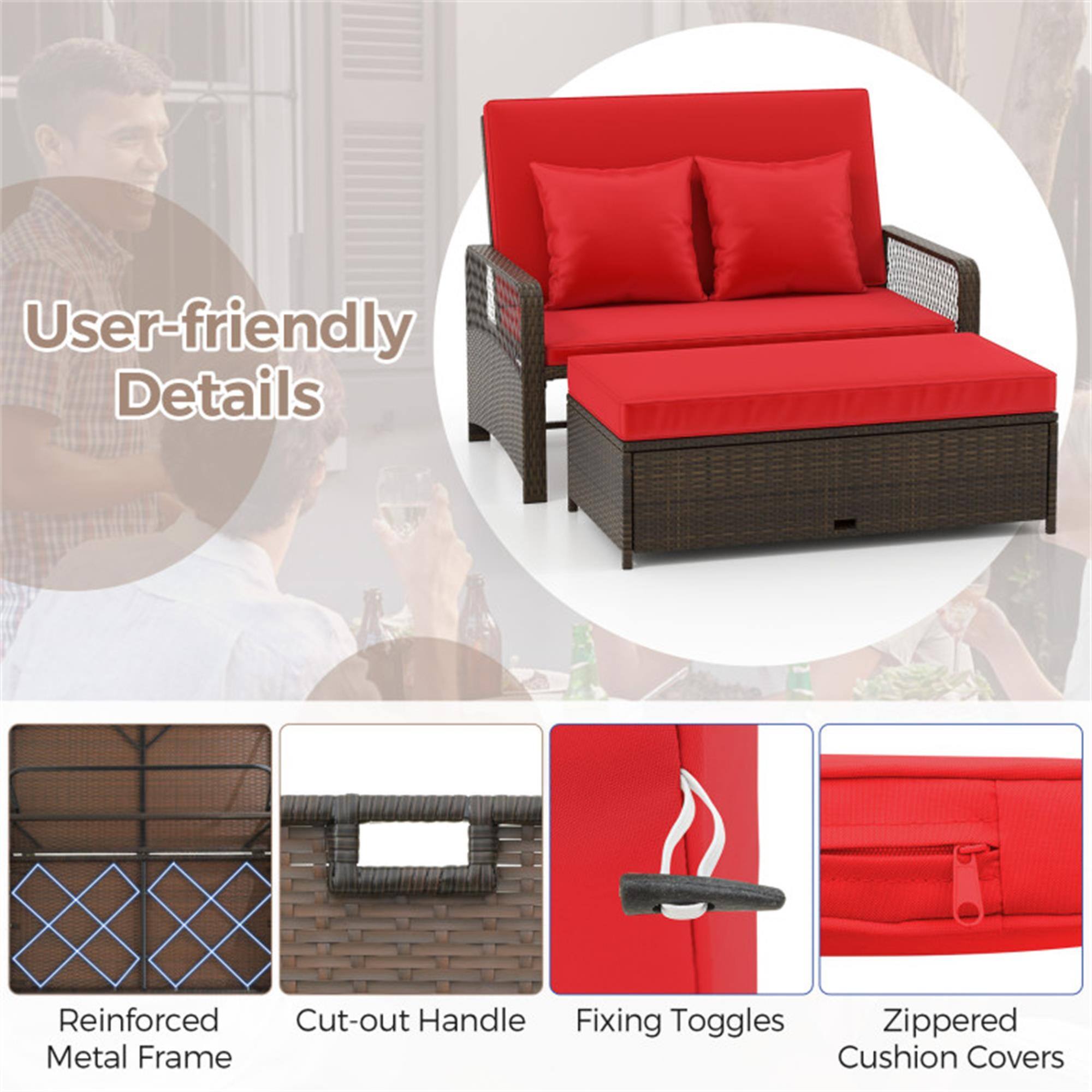 User-friendly Details

- Reinforced Metal Frame
- Cut-out Handle
- Fixing Toggles
- Zippered Cushion Covers