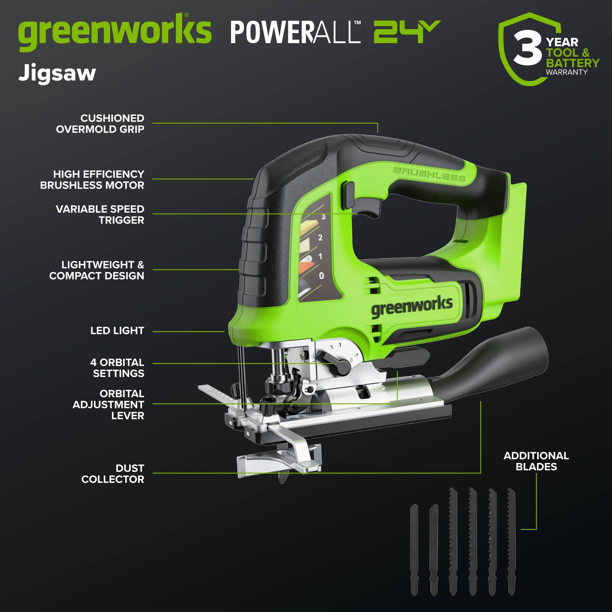 greenworks POWERALL 24Y Jigsaw

- 3 YEAR TOOL & BATTERY WARRANTY
- CUSHIONED OVERMOLD GRIP
- HIGH EFFICIENCY BRUSHLESS MOTOR
- VARIABLE SPEED TRIGGER
- LIGHTWEIGHT & COMPACT DESIGN
- LED LIGHT
- 4 ORBITAL SETTINGS
- ORBITAL ADJUSTMENT LEVER
- DUST COLLECTOR
- ADDITIONAL BLADES