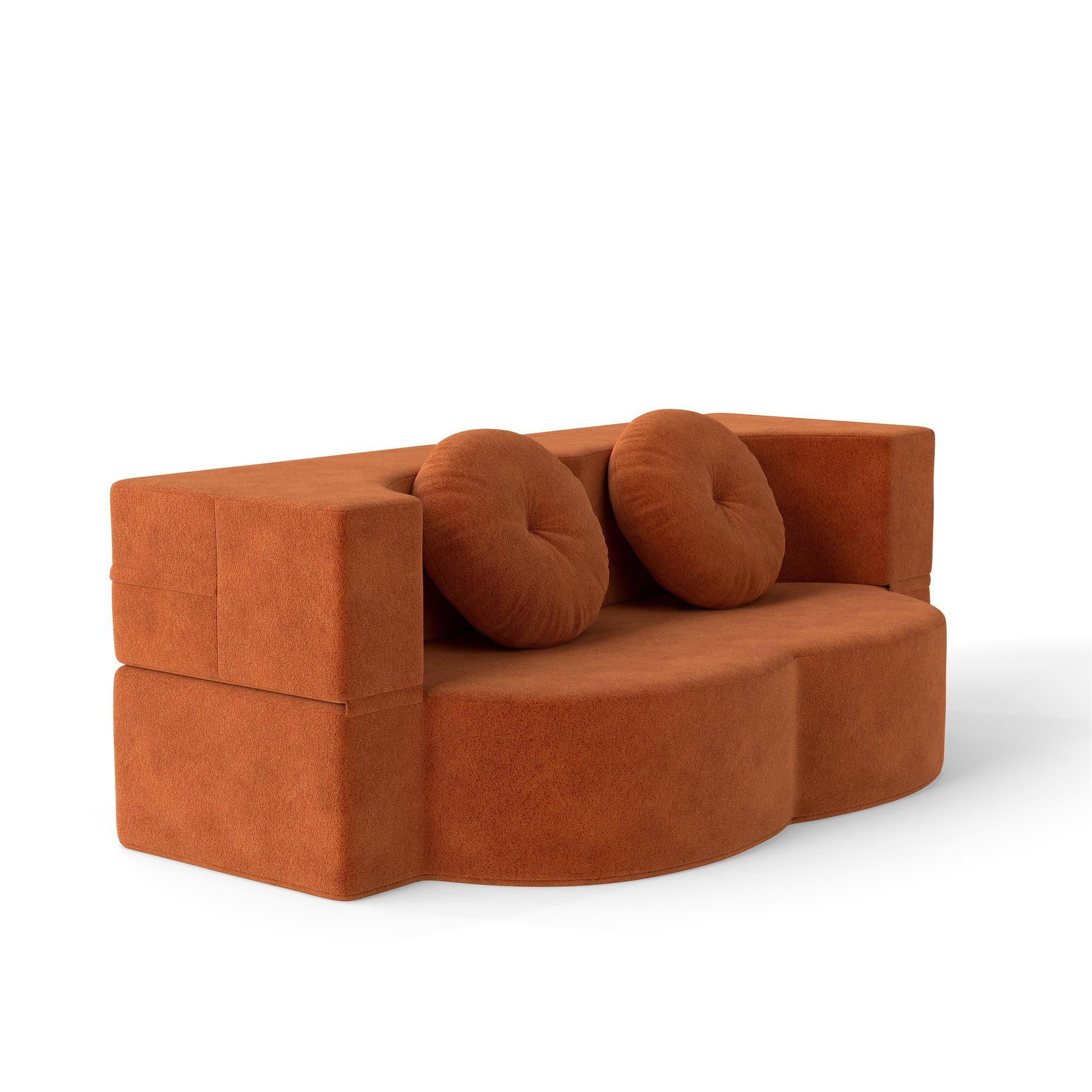 Alt View 4. COWLOWN - Modern Floor Sofa Convertible Plush Corduroy Foam Filled Sleeper Sofa Bed 14.2in Folding Mattress Orange - Orange.