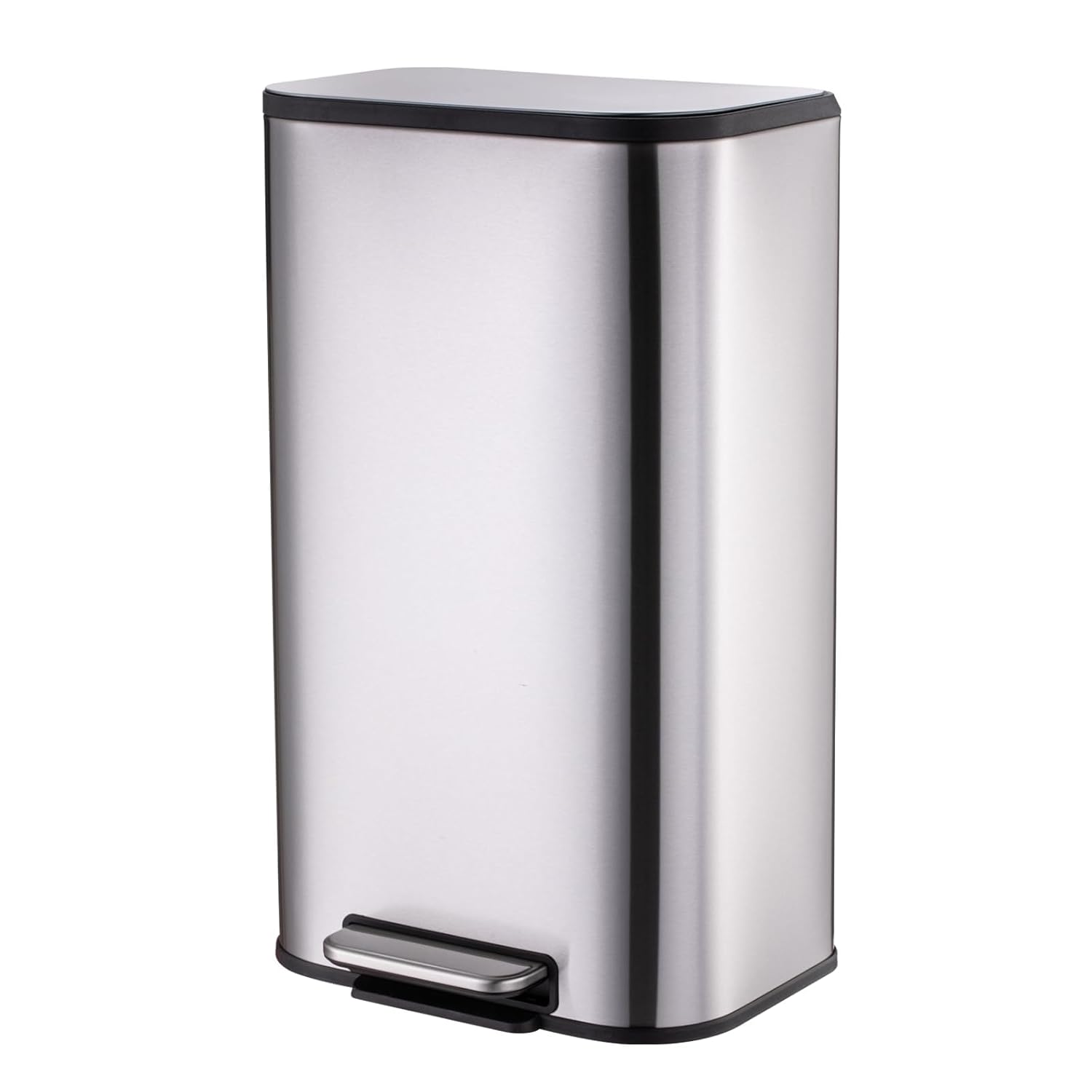 Angle. Homhougo - 13.2 Gal/50L Trash Can, Slim Rectangular Step-On Stainless Steel Garbage Can, Soft-Close Lid - Silver.