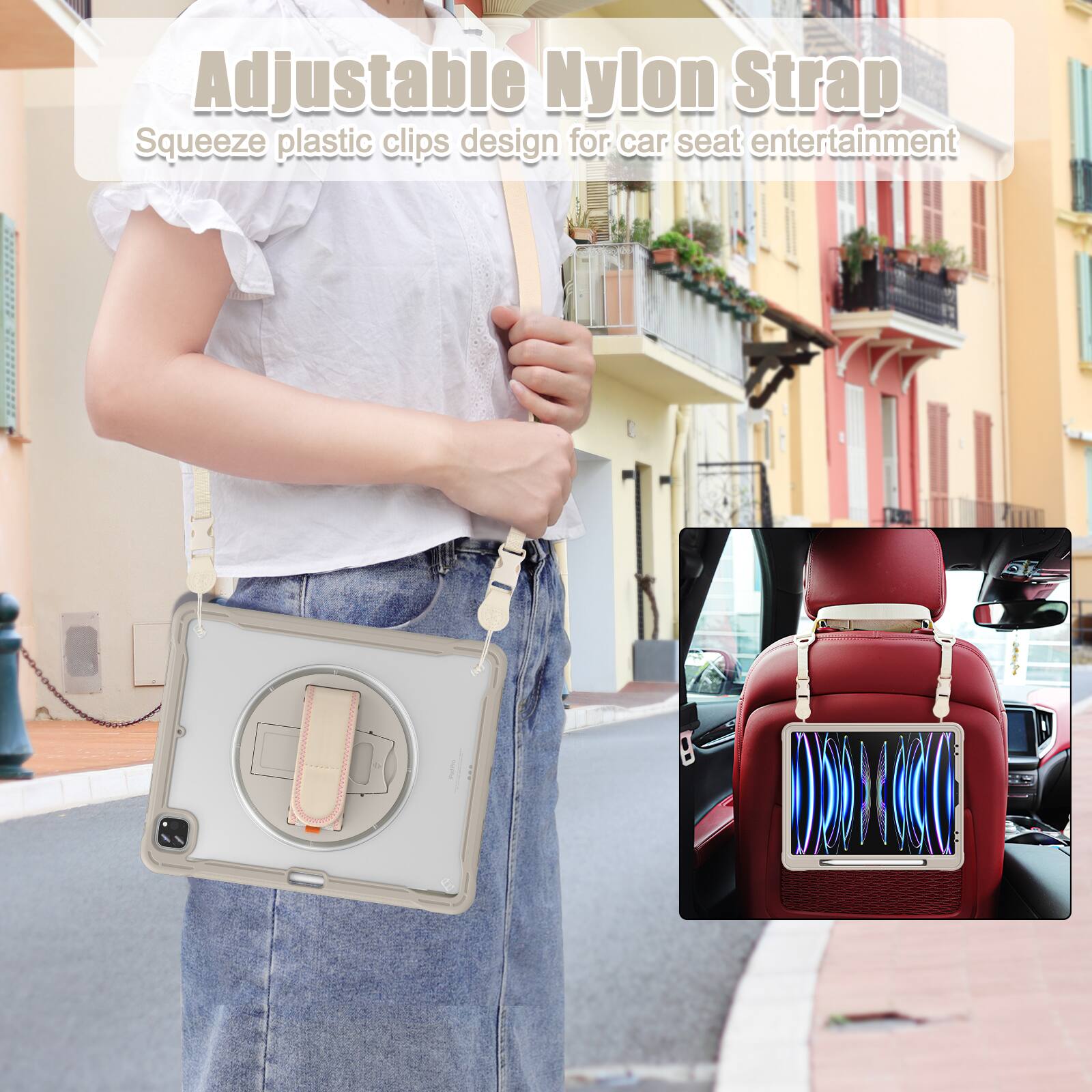 Adjustable Nylon Strap  
Squeeze plastic clips design for car seat entertainment
