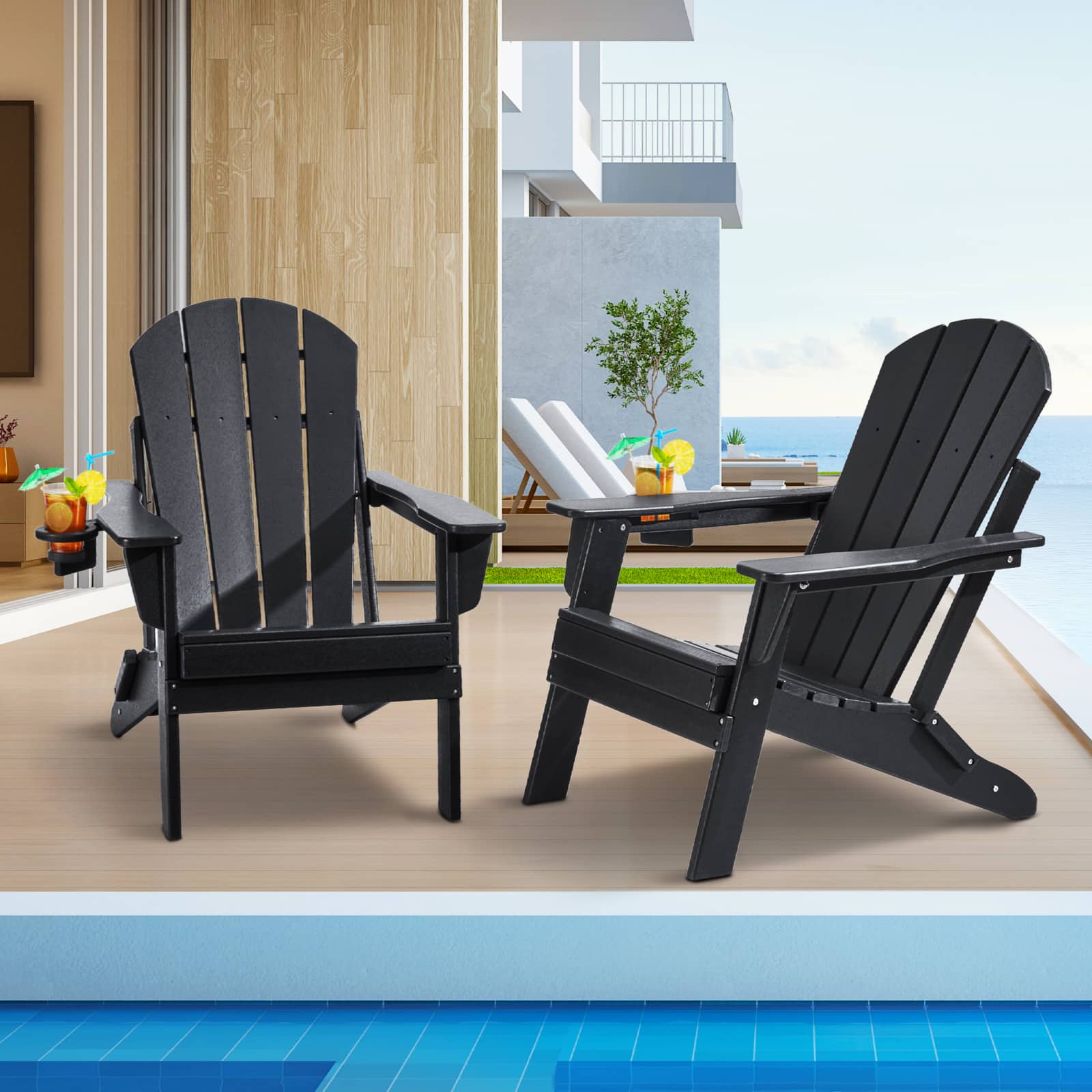 VEVOR - Adirondack Chair Plastic, Set of 2 All-Weather Portable Folding Fire Pit Chair - Black