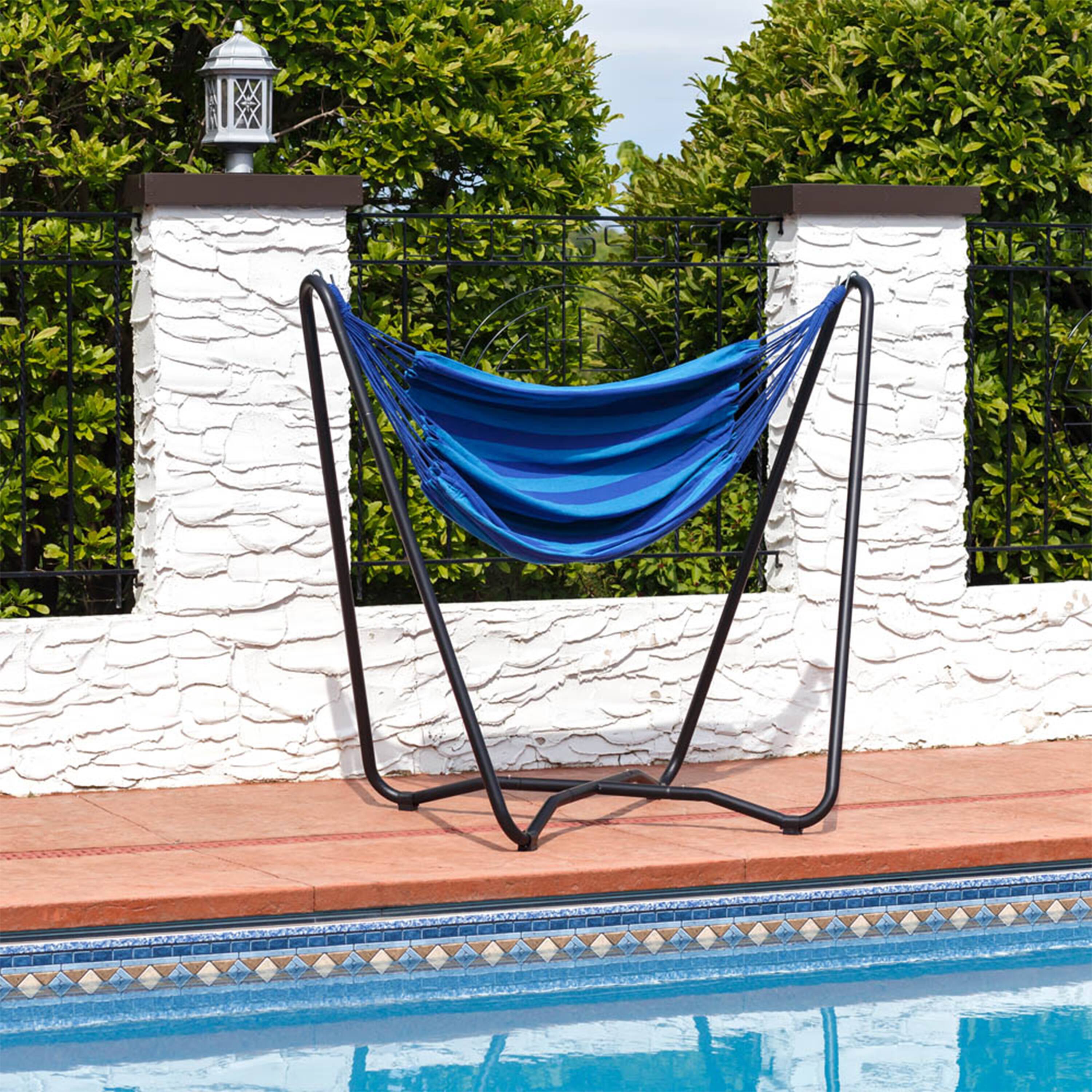 Alt View 5. Sunnydaze - Cotton Hammock Chair with Space Saving Steel Stand - Beach Oasis.