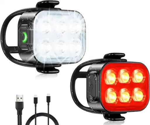 Front. FINEAK - USB Rechargeable Front & Rear Bike Light Set - IP65 Waterproof - Black.