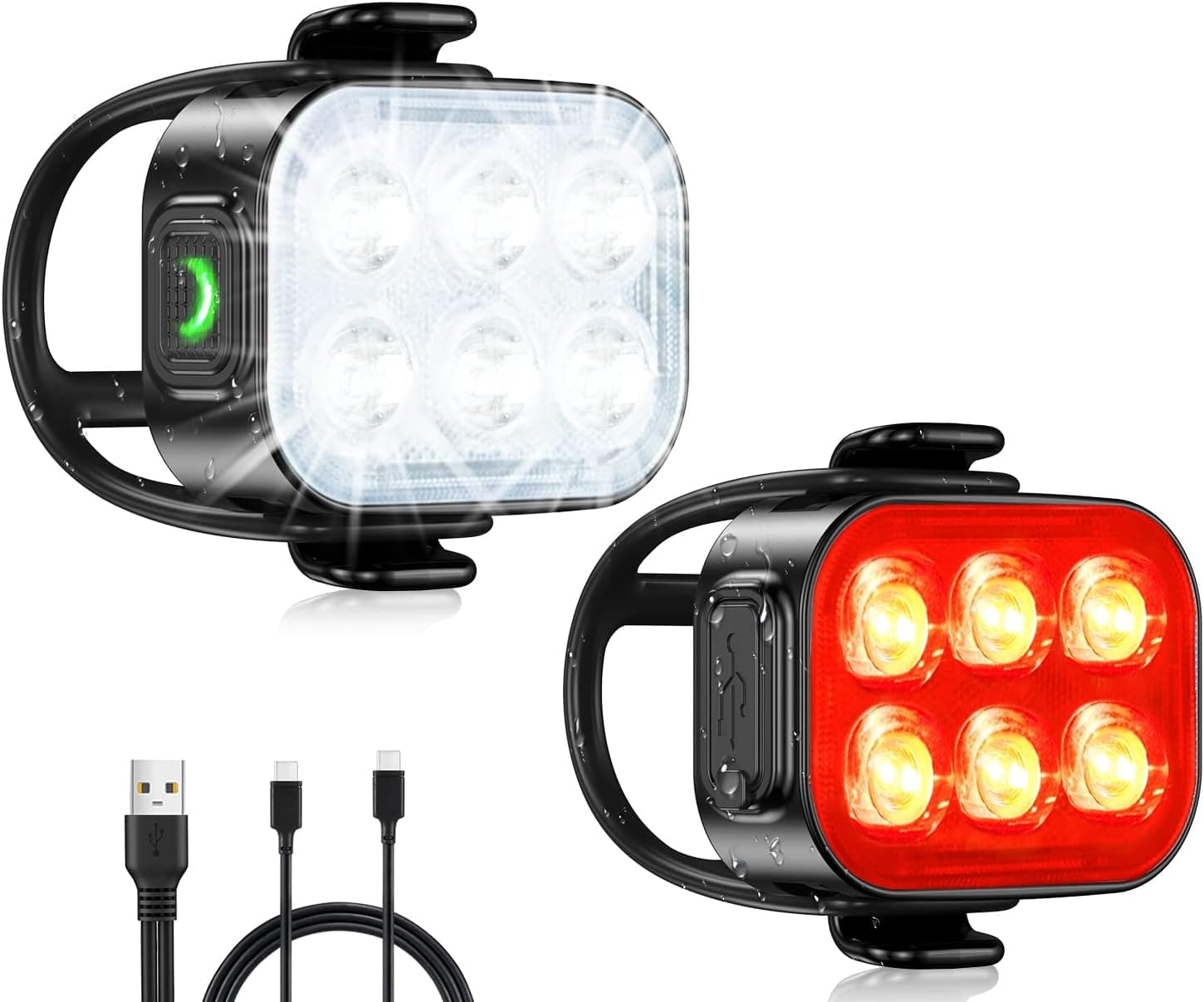 Front. FINEAK - USB Rechargeable Front & Rear Bike Light Set - IP65 Waterproof - Black.