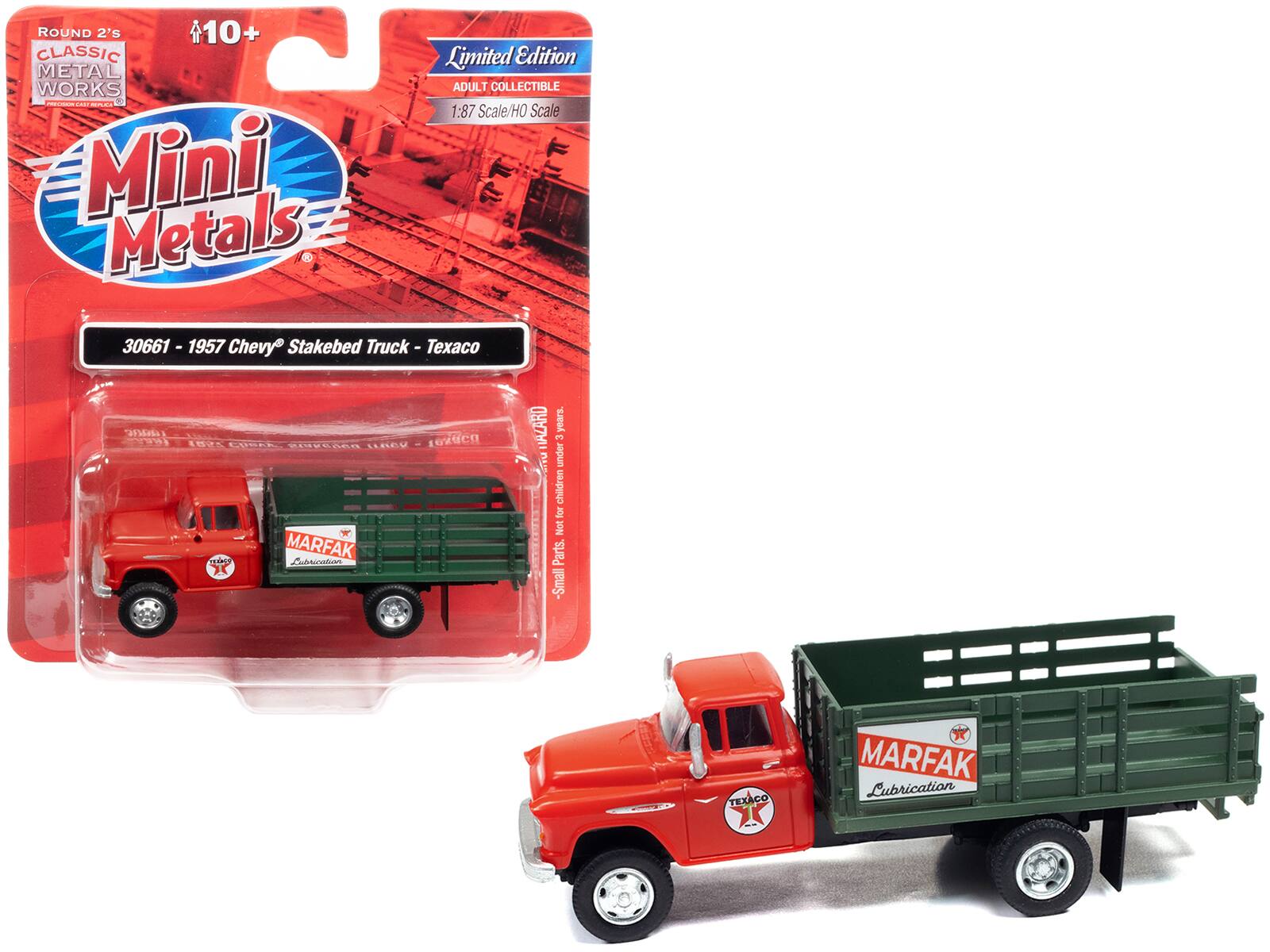 ROUND 2's CLASSIC METAL WORKS  
Mini Metals  
Limited Edition  
ADULT COLLECTIBLE  
1:87 Scale/HO Scale  

30661 - 1957 Chevy Stakebed Truck - Texaco  

MARFAK Lubrication  

Small Parts. Not for children under 3 years.