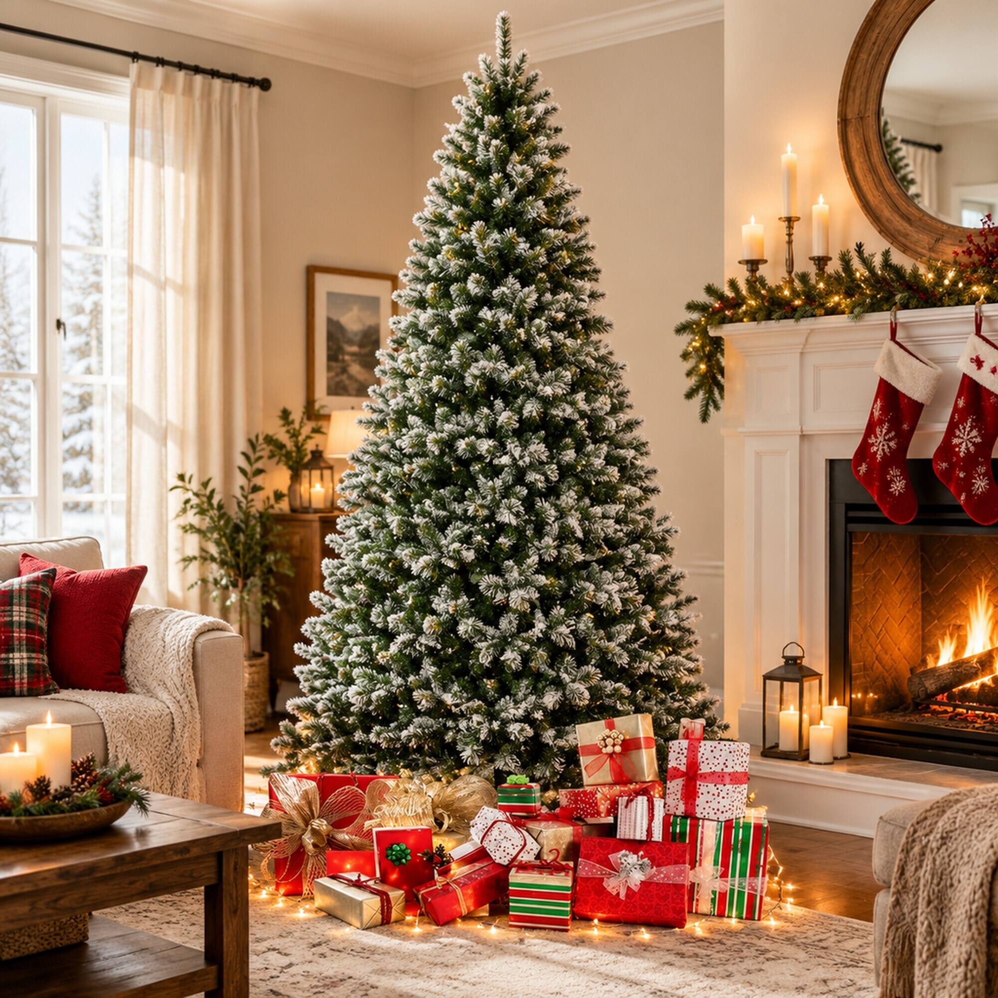 Front. RYHNUYNE - 12FT Unlit Artificial Christmas Tree With Dense Realistic Spruce Branches and Metal Base, Green - Green.
