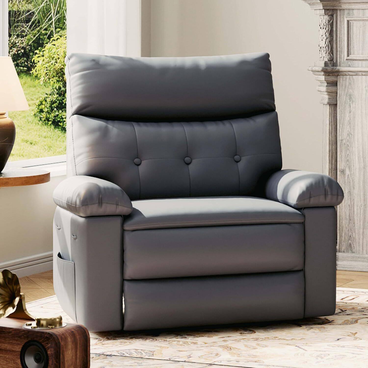 Front. Qeetex - Oversized Wide Heat and Massage Recliner Sofa Chair for Relaxa, Dark Brown - Grey.