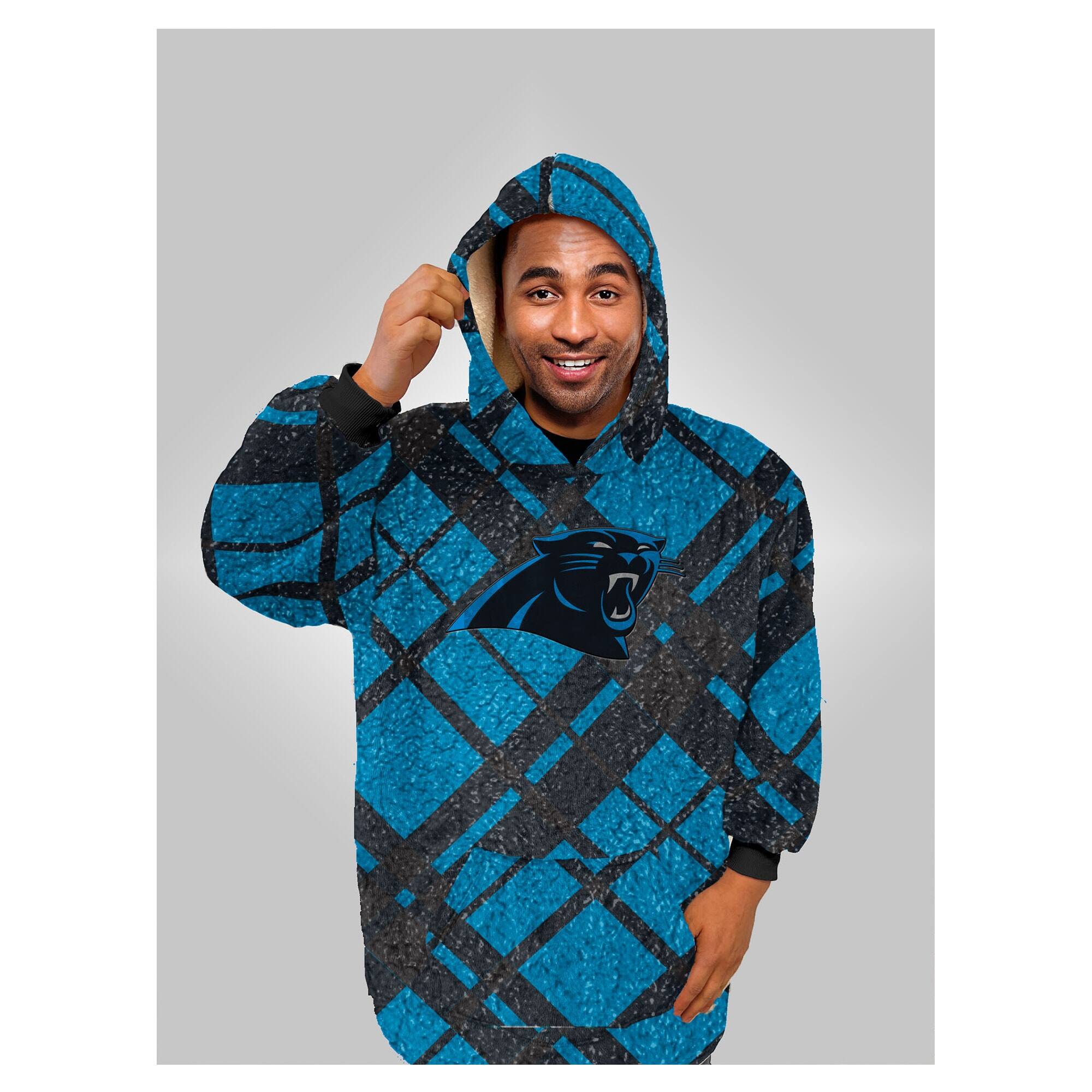 Alt View 1. Pegasus - Carolina Panthers 34" x 34" Digital Dash Sherpa Hooded Fan Cape - Multicolor.