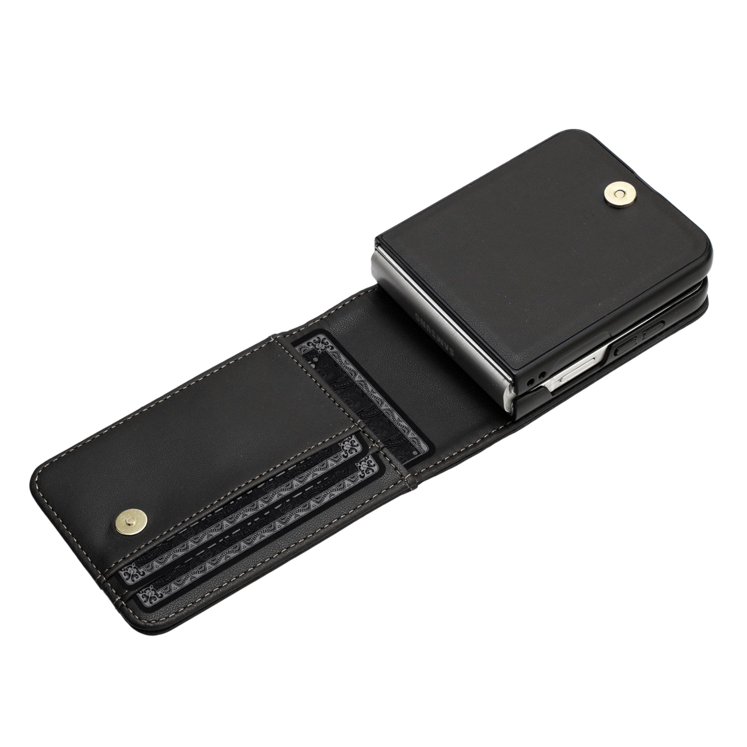 Left. Kitcheniva - Vegan Leather Phone Wallet Case For Samsung Galaxy Z Flip 6 Black - Black.