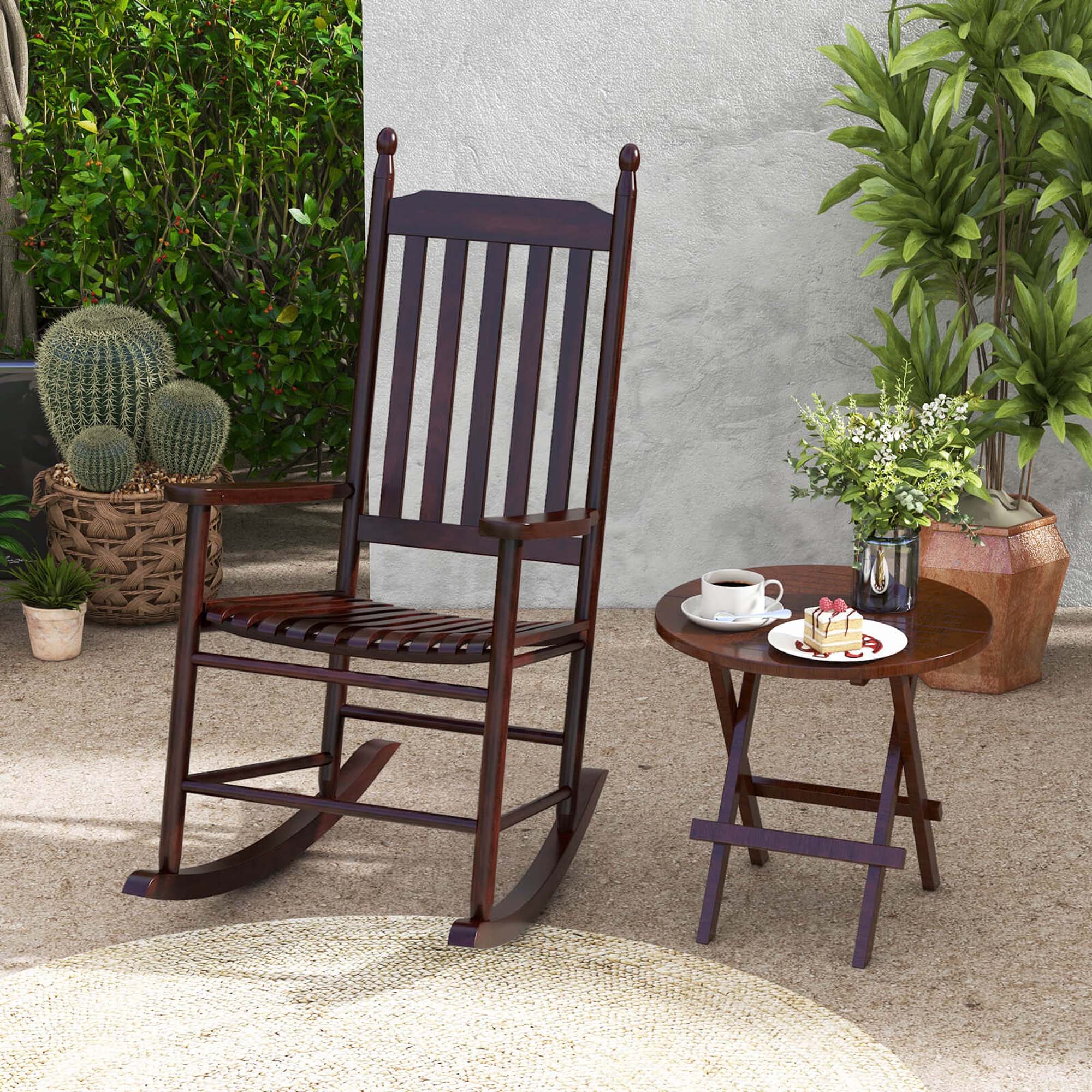 Angle. Costway - Outdoor Wooden Rocking Chair with Solid Rocking Base Slatted Seat & Back Patio - Brown.