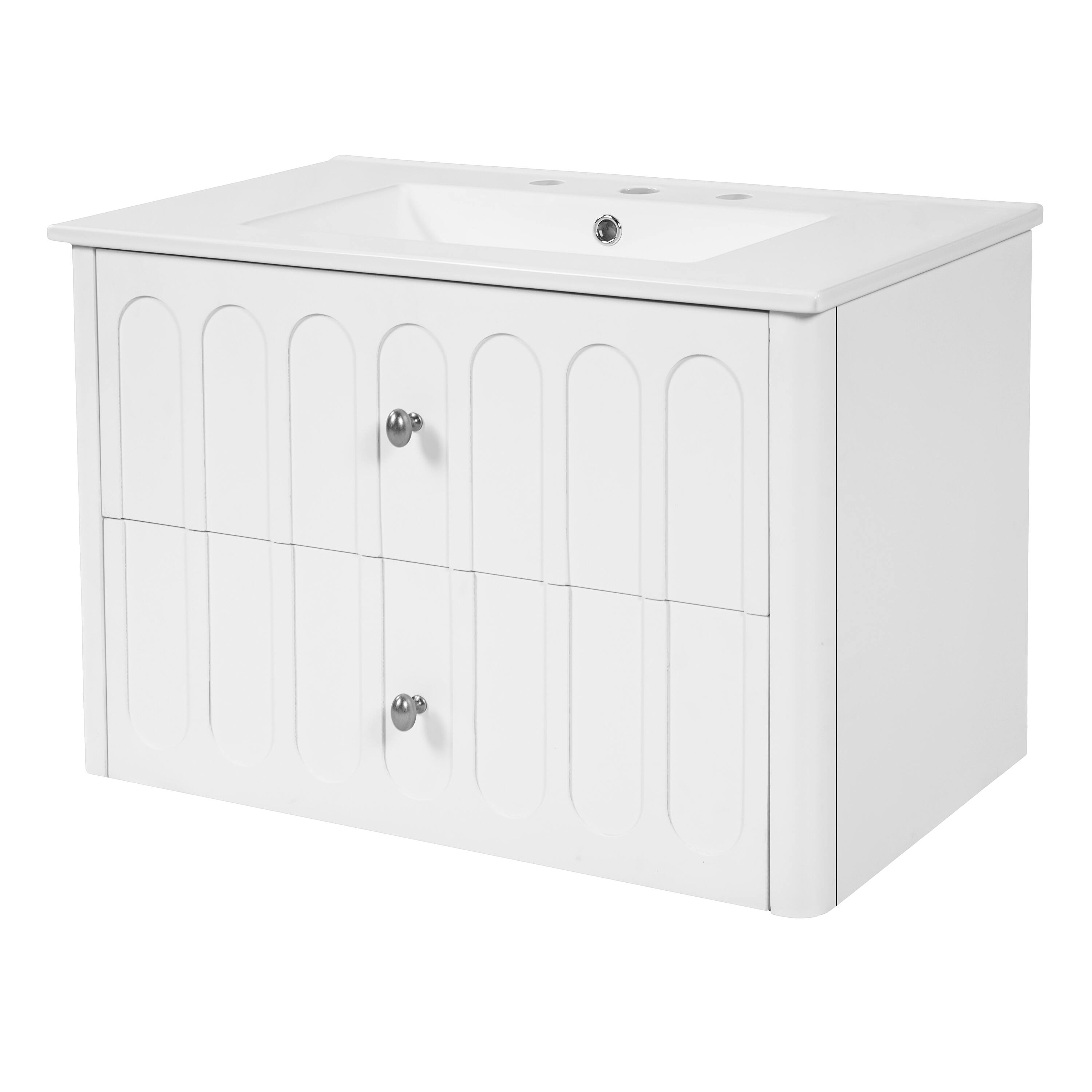 Left. Whisen - 30" Floating Bathroom Vanity Cabinet with Sink Soft-Close Drawer Slides and Oval Knobs - White.