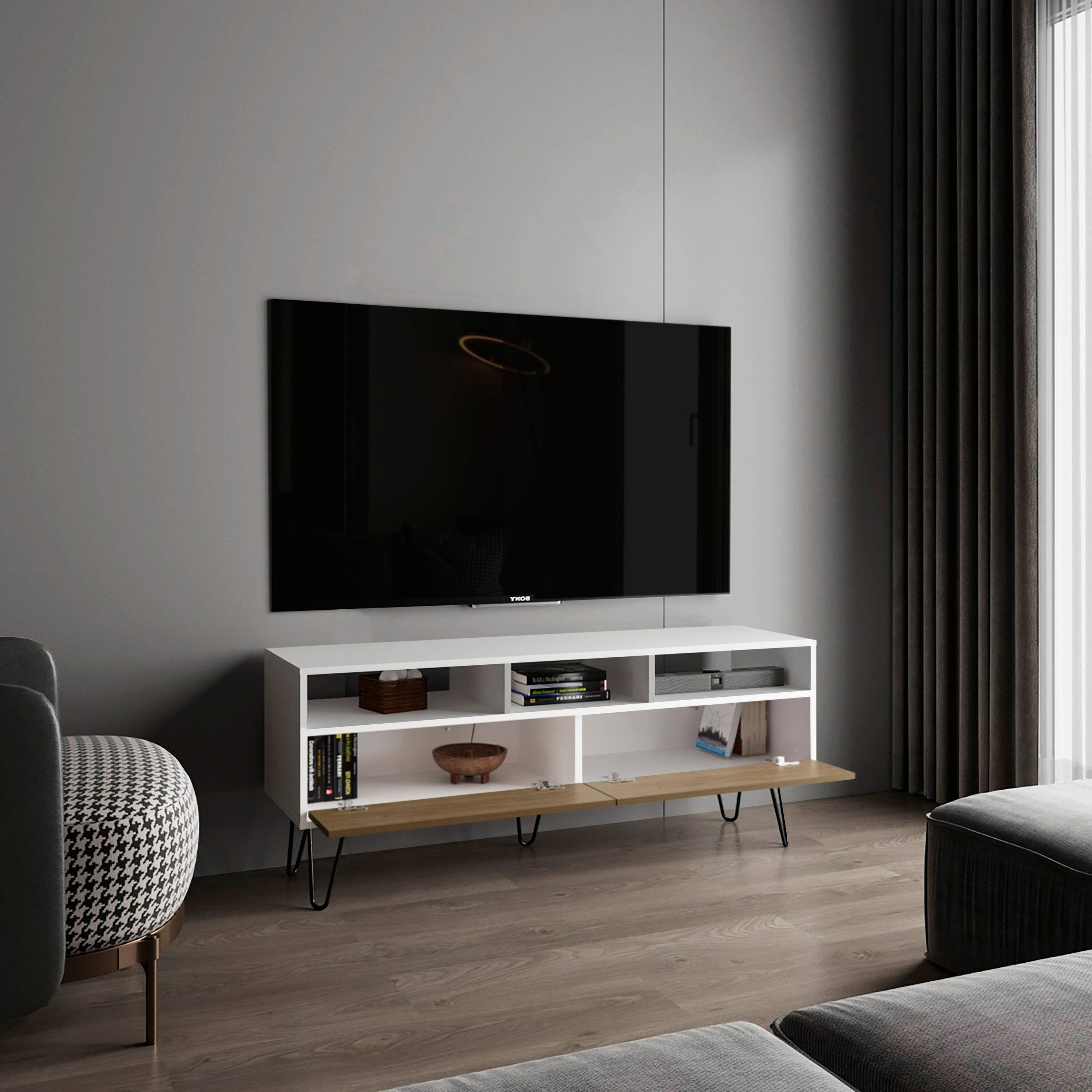 Back. APRILSOUL - TV Stand 2 Doors 3 Shelves 5 Legs - White.