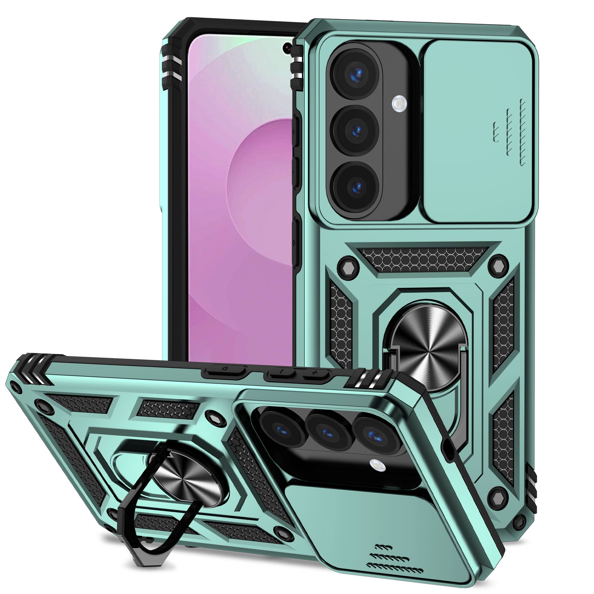 Back. Dteck - Dteck Rotatable Ring Kickstand Case for Samsung Galaxy S26, Heavy-Duty Rugged Slide Camera Back Cover - Darkgreen.