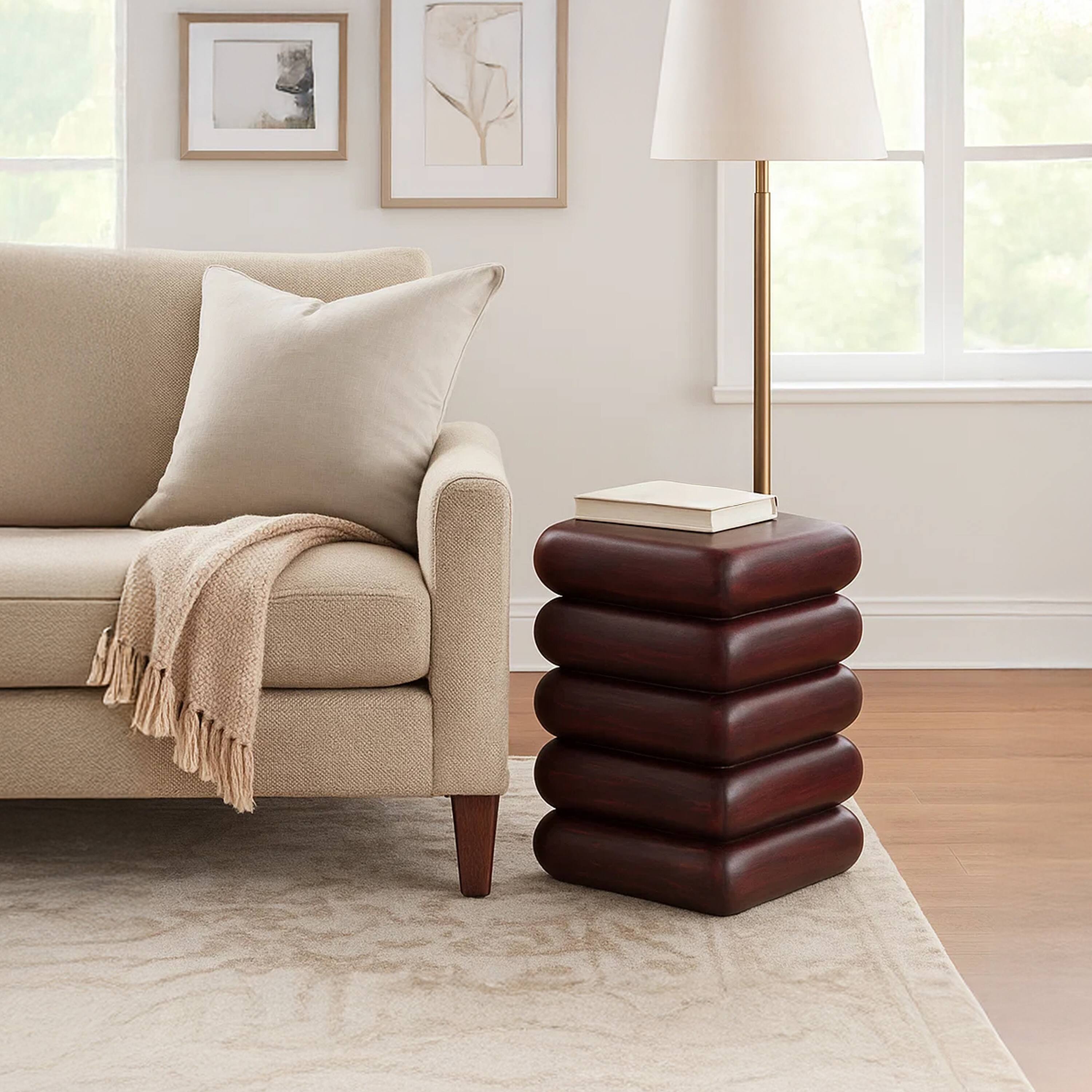Alt View 10. Manhattan Lane - Zyra 18" Side End Table | Sculptural Stacked Design | Acacia Wood - Dark Cherry Brown.