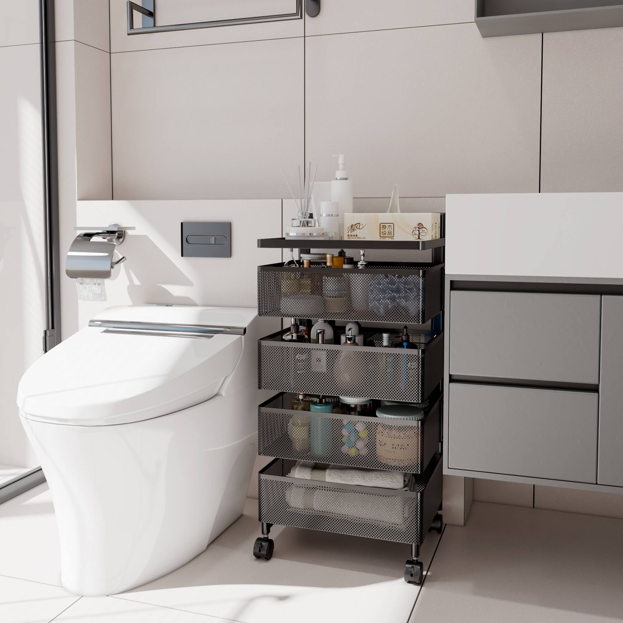 Alt View 4. Malletson - 5-Tier Rotating Kitchen Storage Cart with Wheels, Metal Mesh Organizer for Fruits, Vegetables, and Kitchen Supplies - Black.