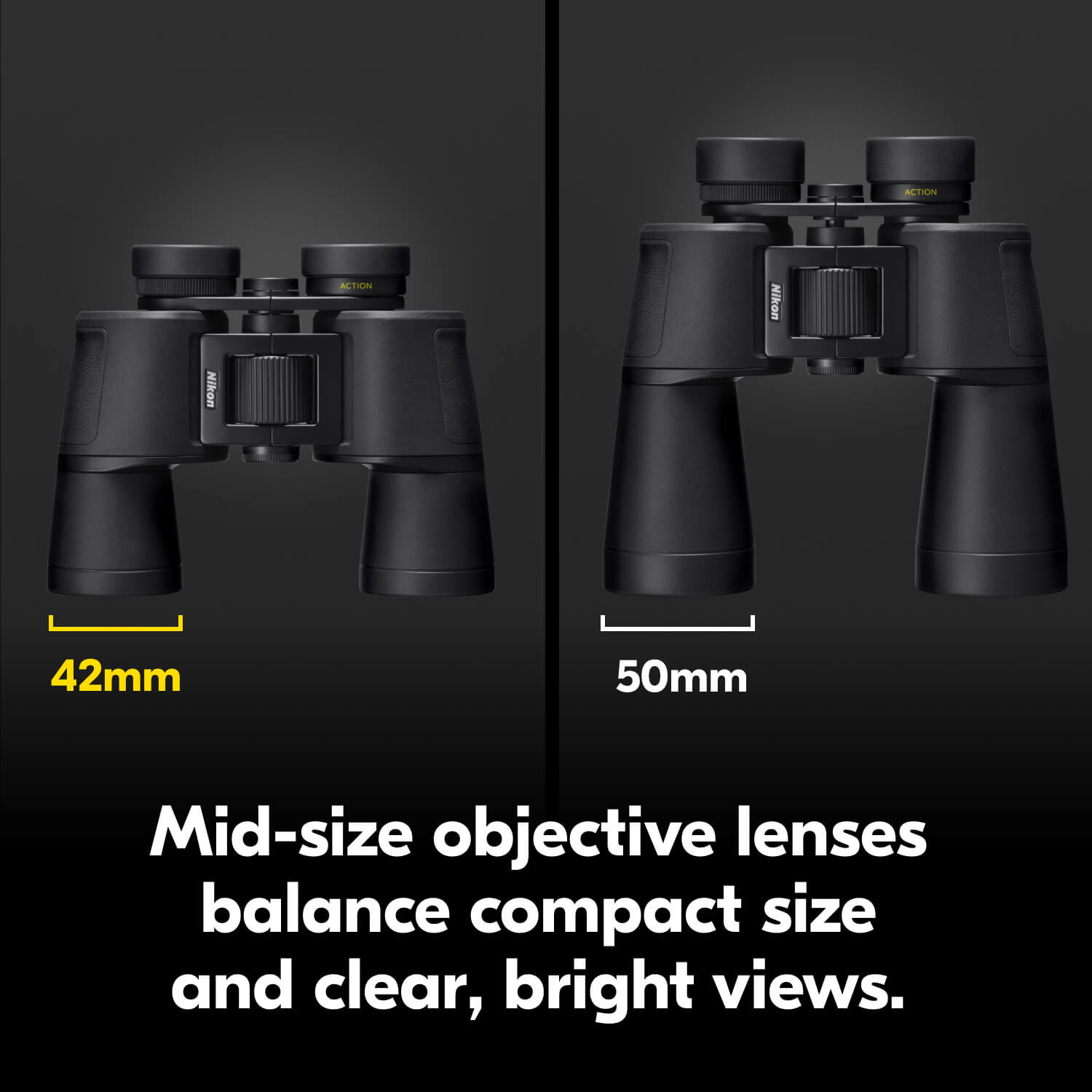 Nikon ACTION 42mm 50mm Mid-size objective lenses balance compact size and clear, bright views.