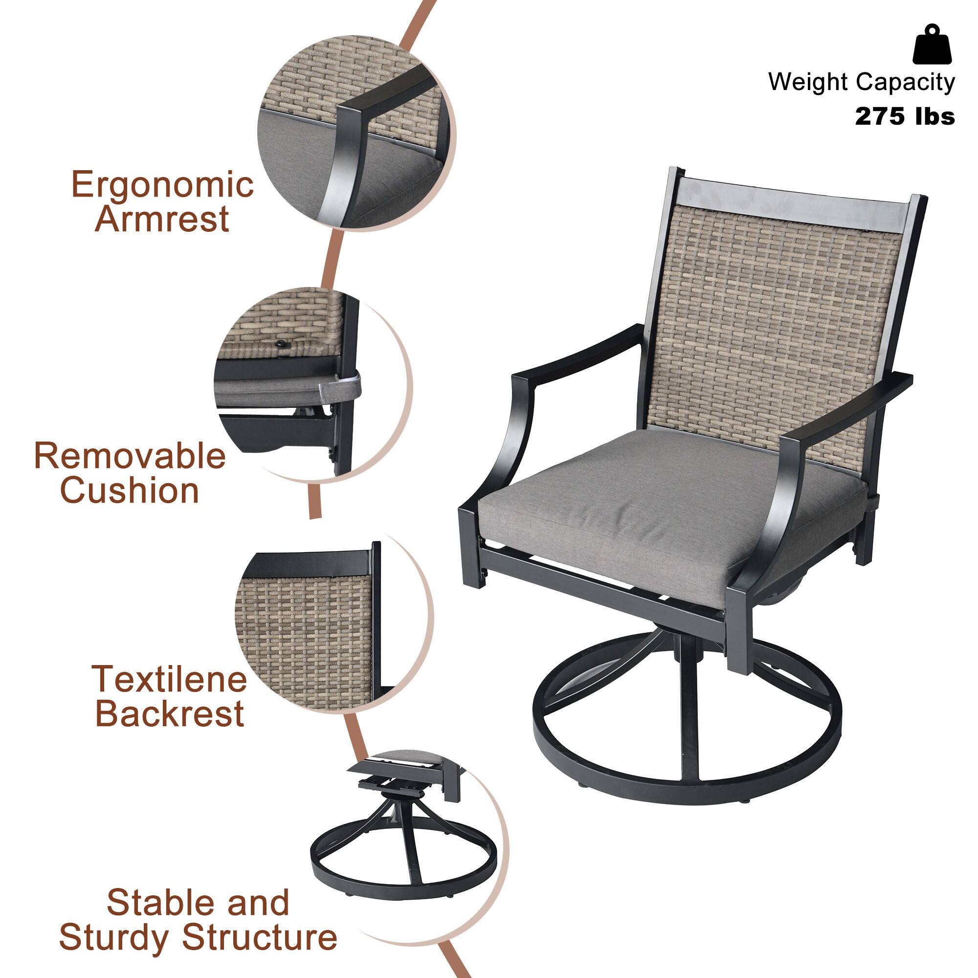 Weight Capacity: 275 lbs  
Ergonomic Armrest  
Removable Cushion  
Textilene Backrest  
Stable and Sturdy Structure
