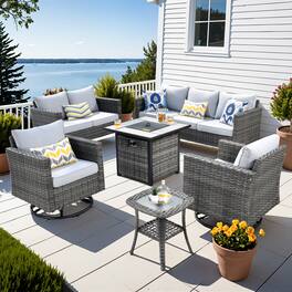 Ovios - 6 PCS Patio Furniture Wicker Sofa with Swivel Chair, Side Table and 30" Fire Pit Table for Deck - Gray