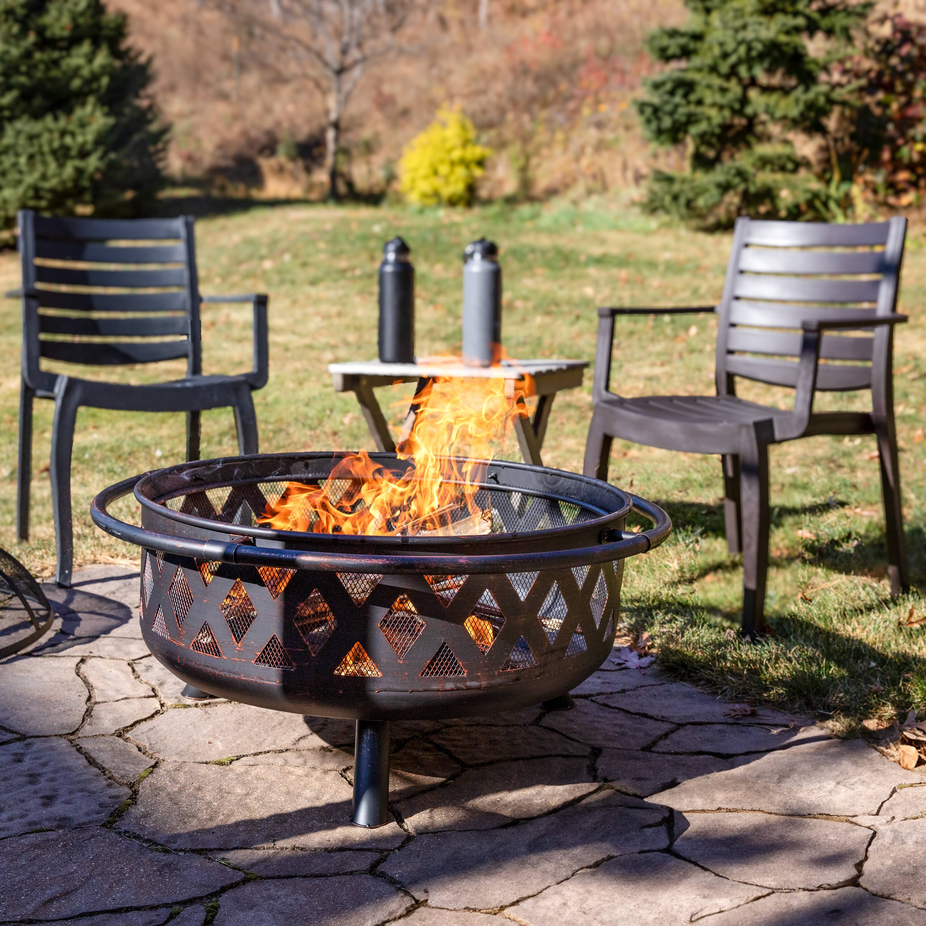 Alt View 10. Sunnydaze - 36 in Crossweave Steel Fire Pit with Screen and Poker - Bronze.