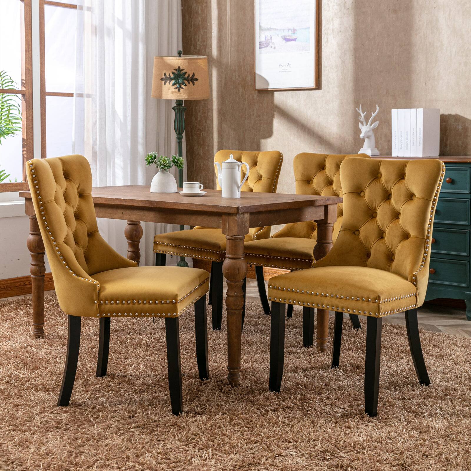 Left. Z-Edge - Velvet Dining Chairs Set of 2, Upholstered High-end Tufted Dining Room Chair with Nailhead Back Ring Pull Trim Wood Legs - Gold.