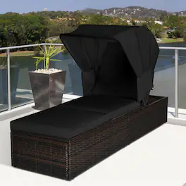 Gymax - Rattan Patio Chaise Lounge Chair W/ Adjustable Canopy Cushion - Black