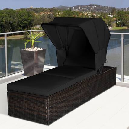 Alt View 5. Gymax - Gymax Set of 2 Rattan Patio Chaise Lounge Chair W/ Adjustable Canopy Black Cushion - Black.