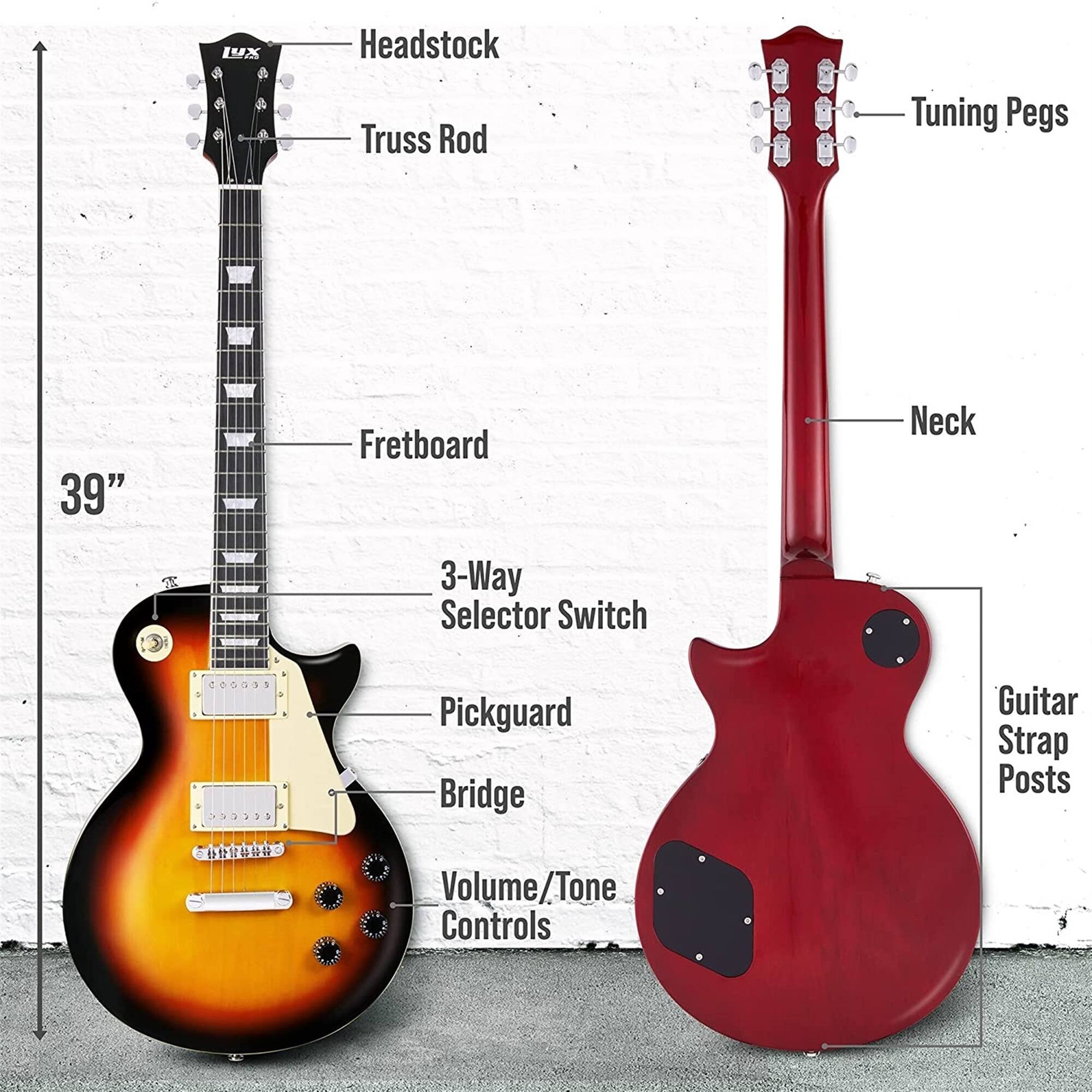 Headstock, Truss Rod, Tuning Pegs, 39", Fretboard, Neck, 3-Way Selector Switch, Pickguard, Bridge, Guitar Strap Posts, Volume/Tone Controls