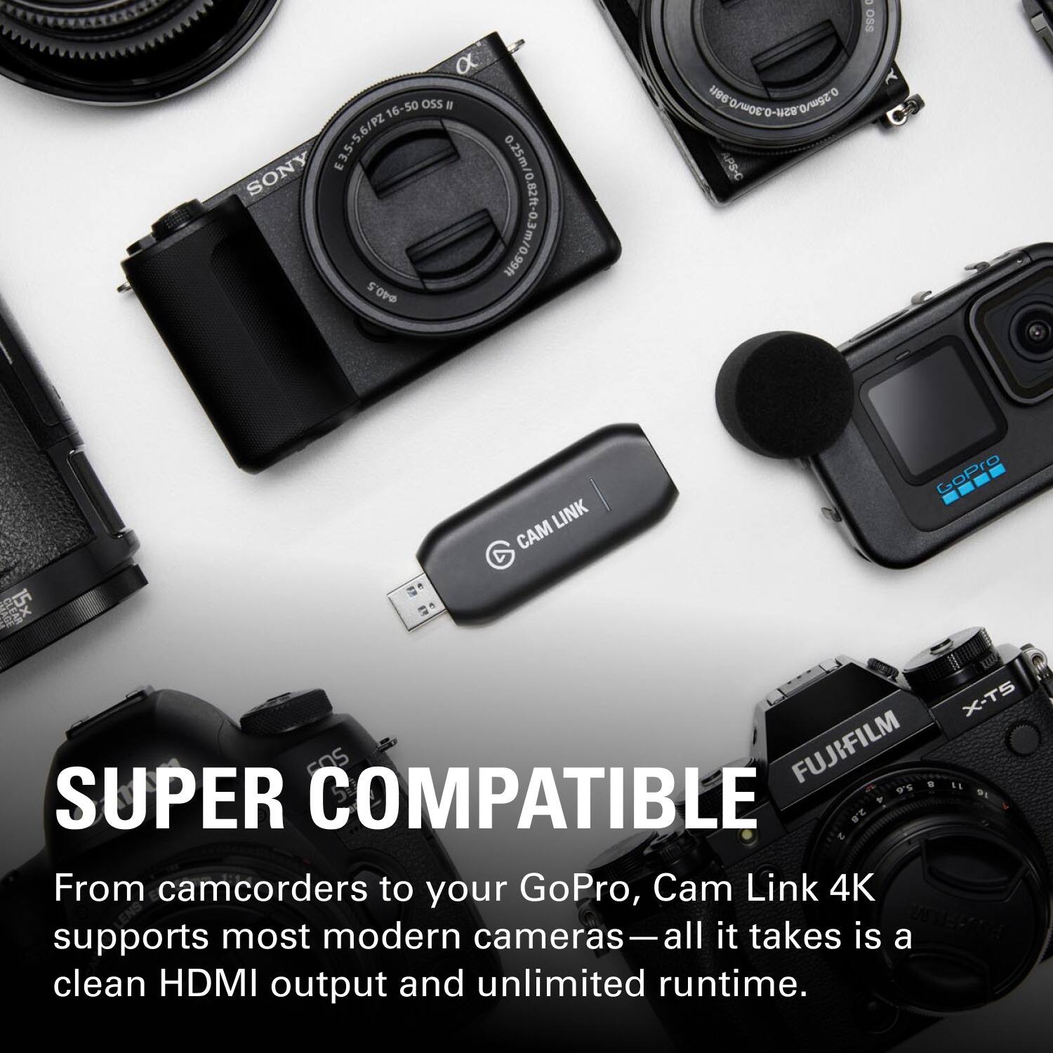 Super Compatible: From camcorders to your GoPro, Cam Link 4K supports most modern cameras - all it takes is a clean HDMI output and unlimited runtime.